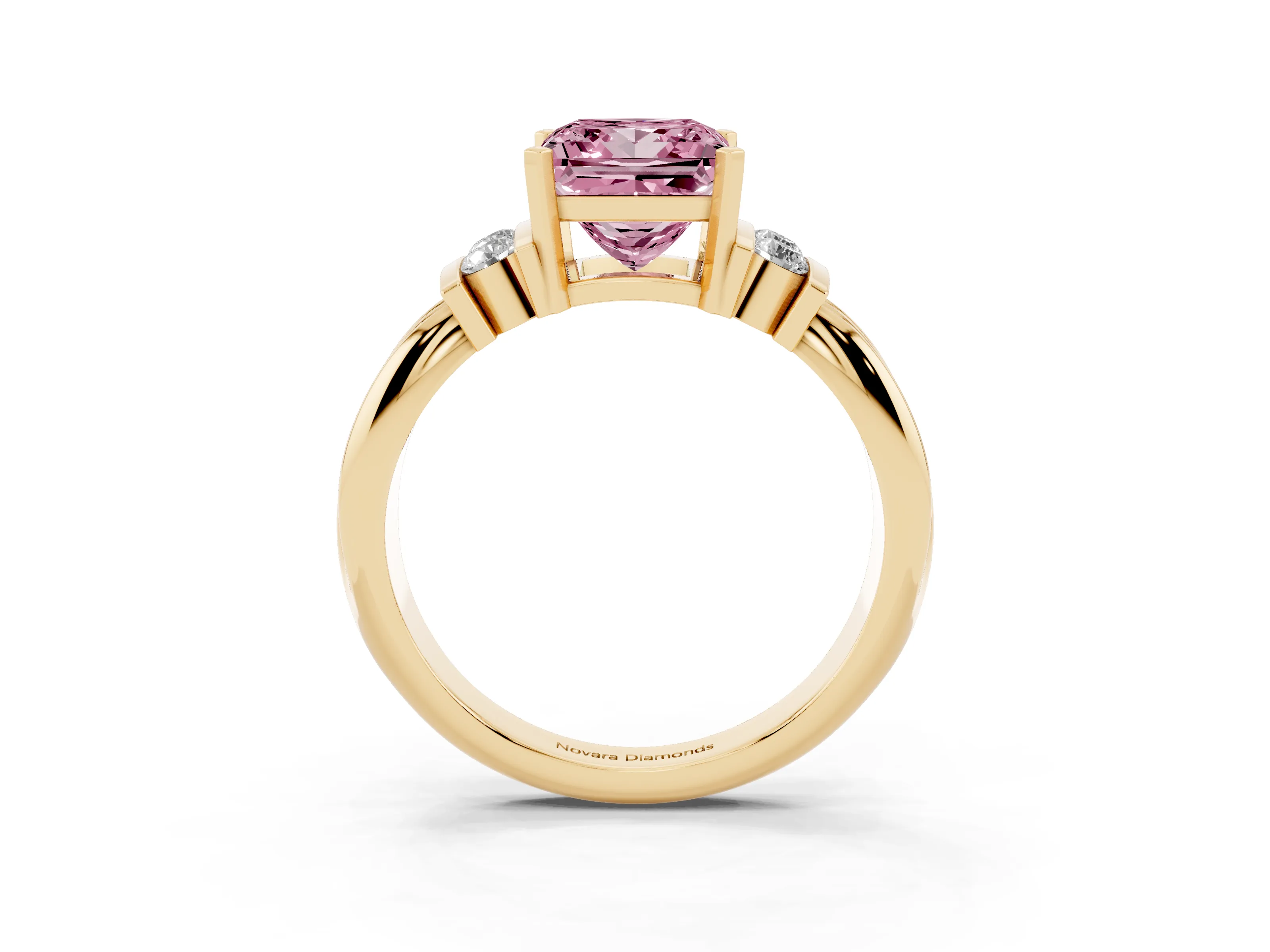 Fancy Pink Three-Stone Princess Cut Diamond Channel Set Ring Set in Yellow gold with Bar Prongs