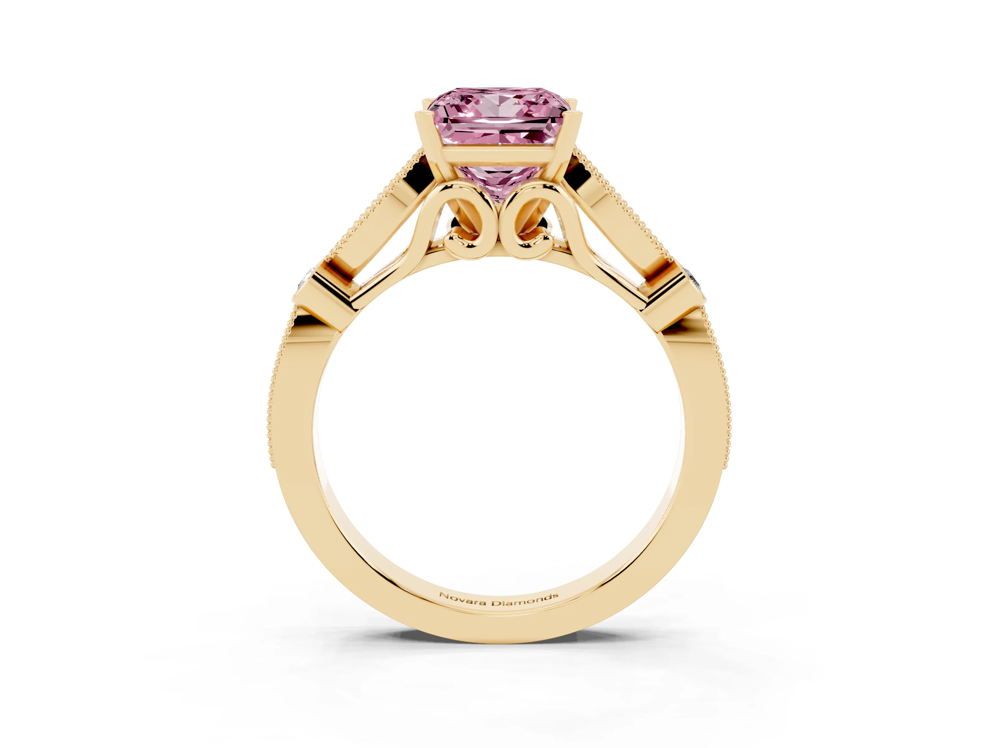 Fancy Pink Princess Cut Diamond Solitaire Ring Set in Yellow gold with Milgrain Marquise and Bezel Accents