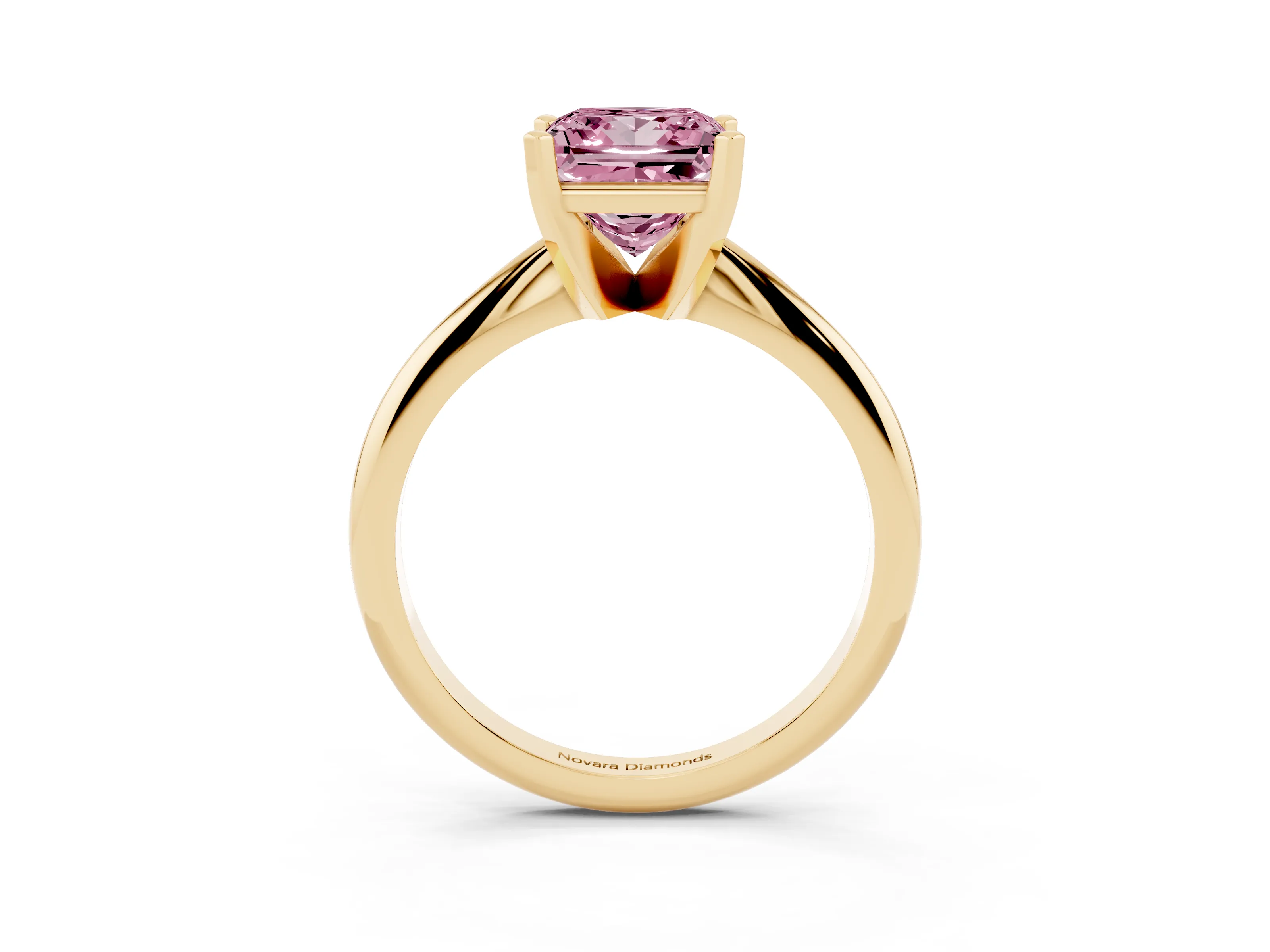 Fancy Pink Princess Cut Diamond Solitaire Ring Set in Yellow gold with Prong Setting on a Plain Round Band