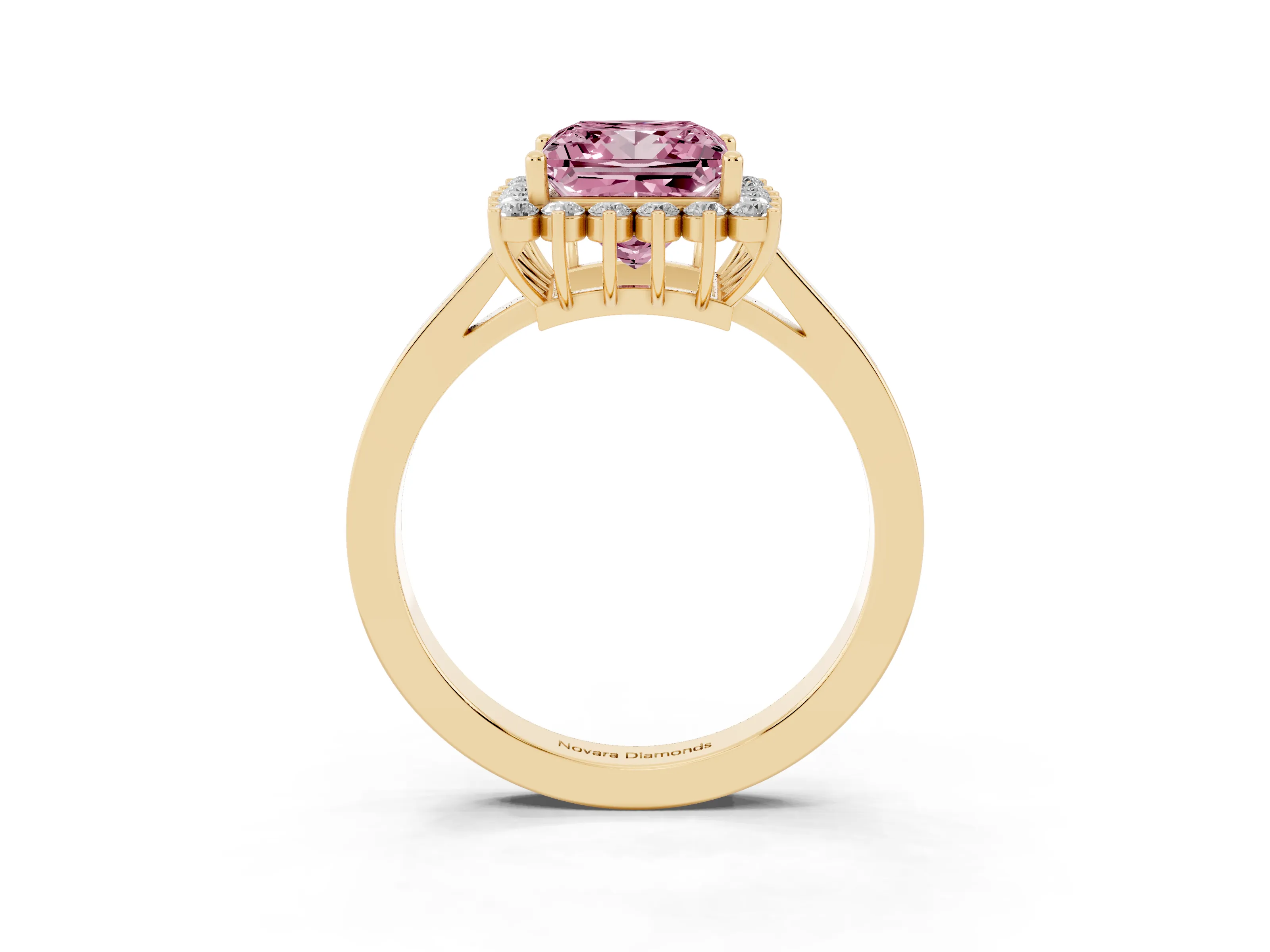 Fancy Pink Princess Cut Diamond Halo Ring Set in Yellow gold with Round Halo and Smooth Solitaire Band