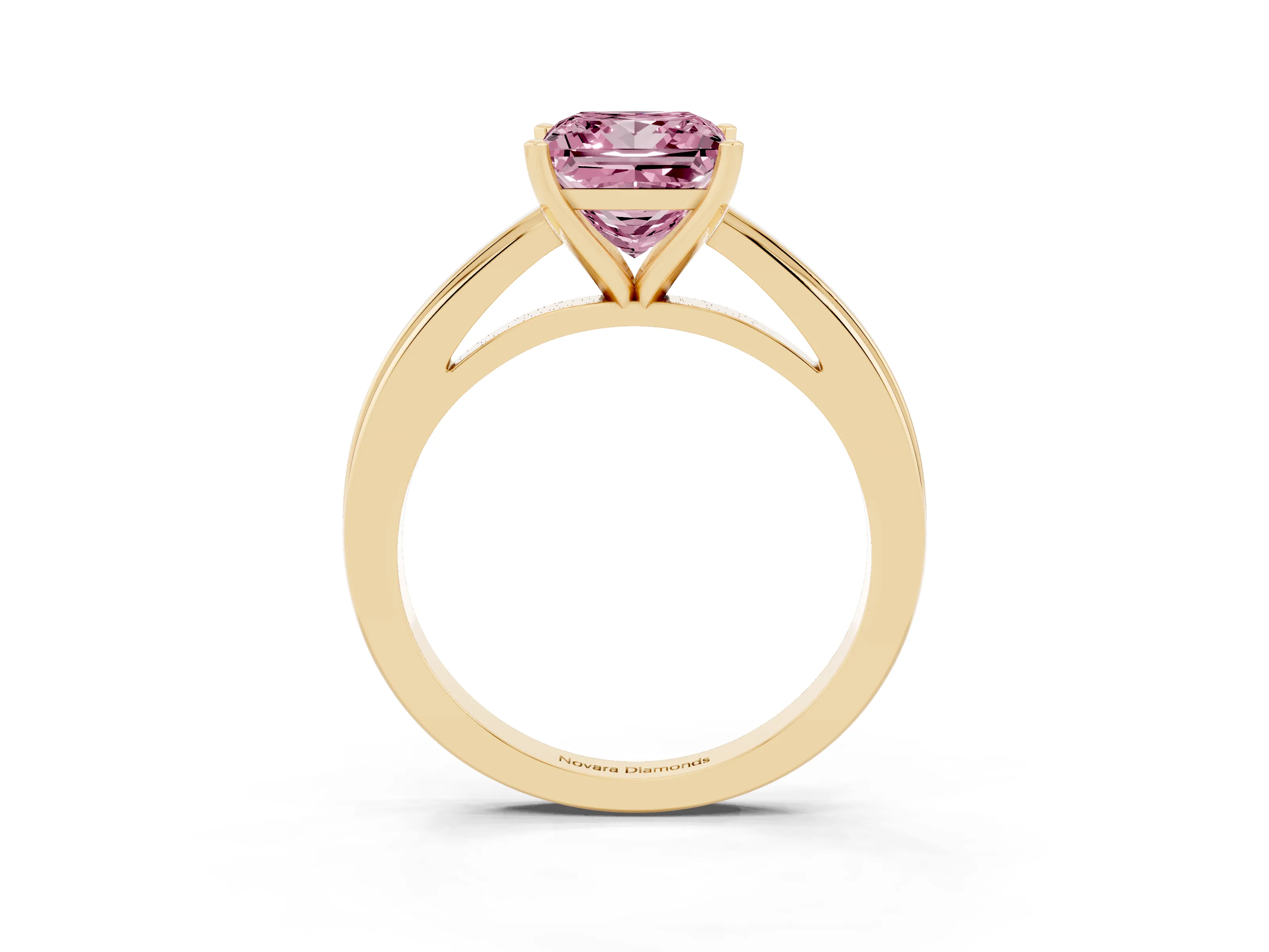 Fancy Pink Princess Cut Diamond Solitaire Ring Set in Yellow gold with Prong Setting and Classic Band