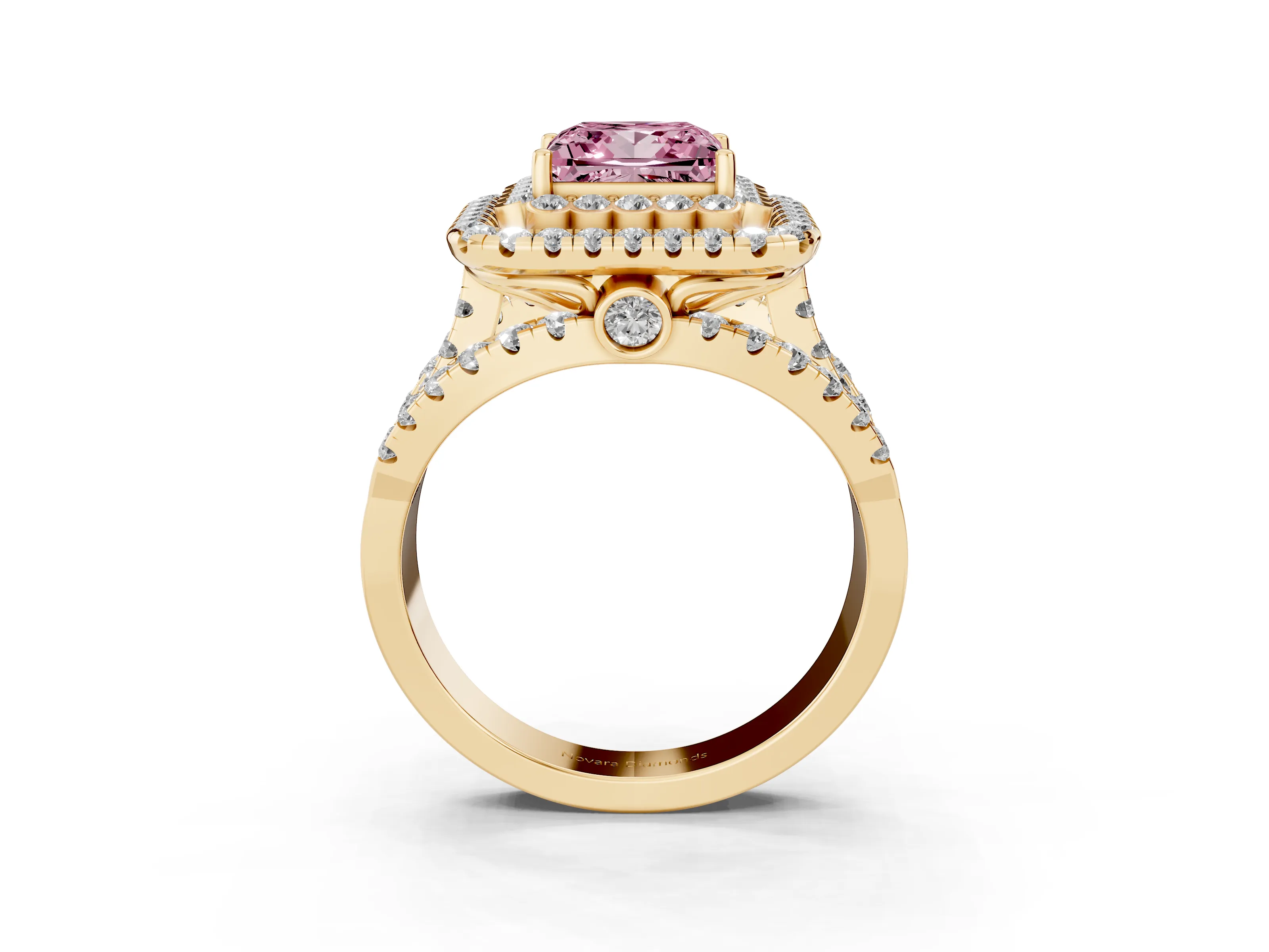 Fancy Pink Princess Cut Diamond Double Halo Ring Set in Yellow gold with Round Pavé Split Shank