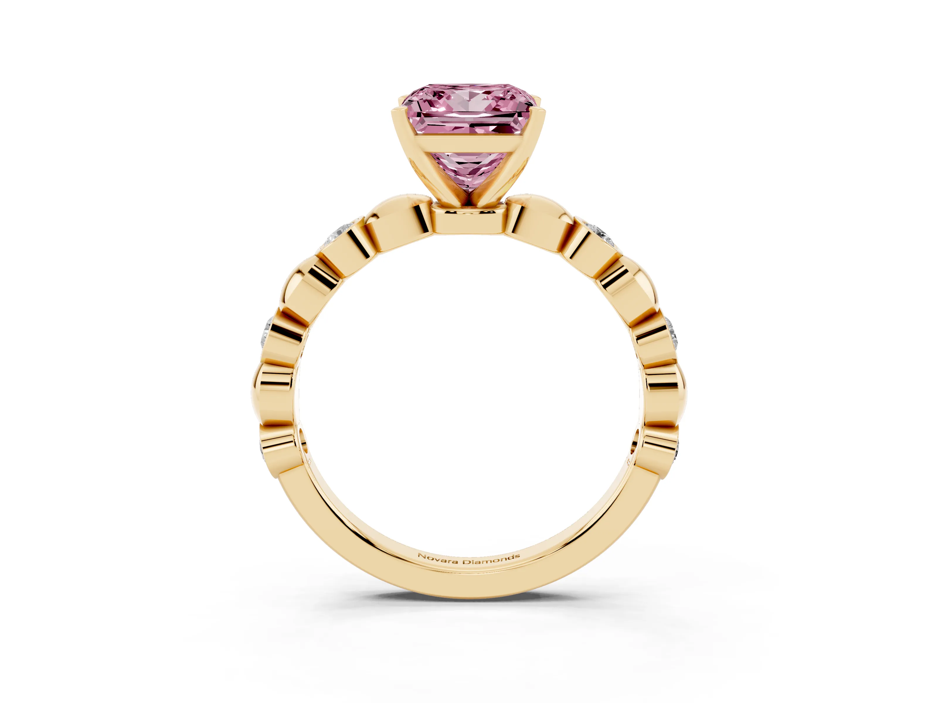 Fancy Pink Princess Cut Diamond Solitaire Ring Set in Yellow gold with Bezel-Set Accents on Beaded Band and Prong Setting
