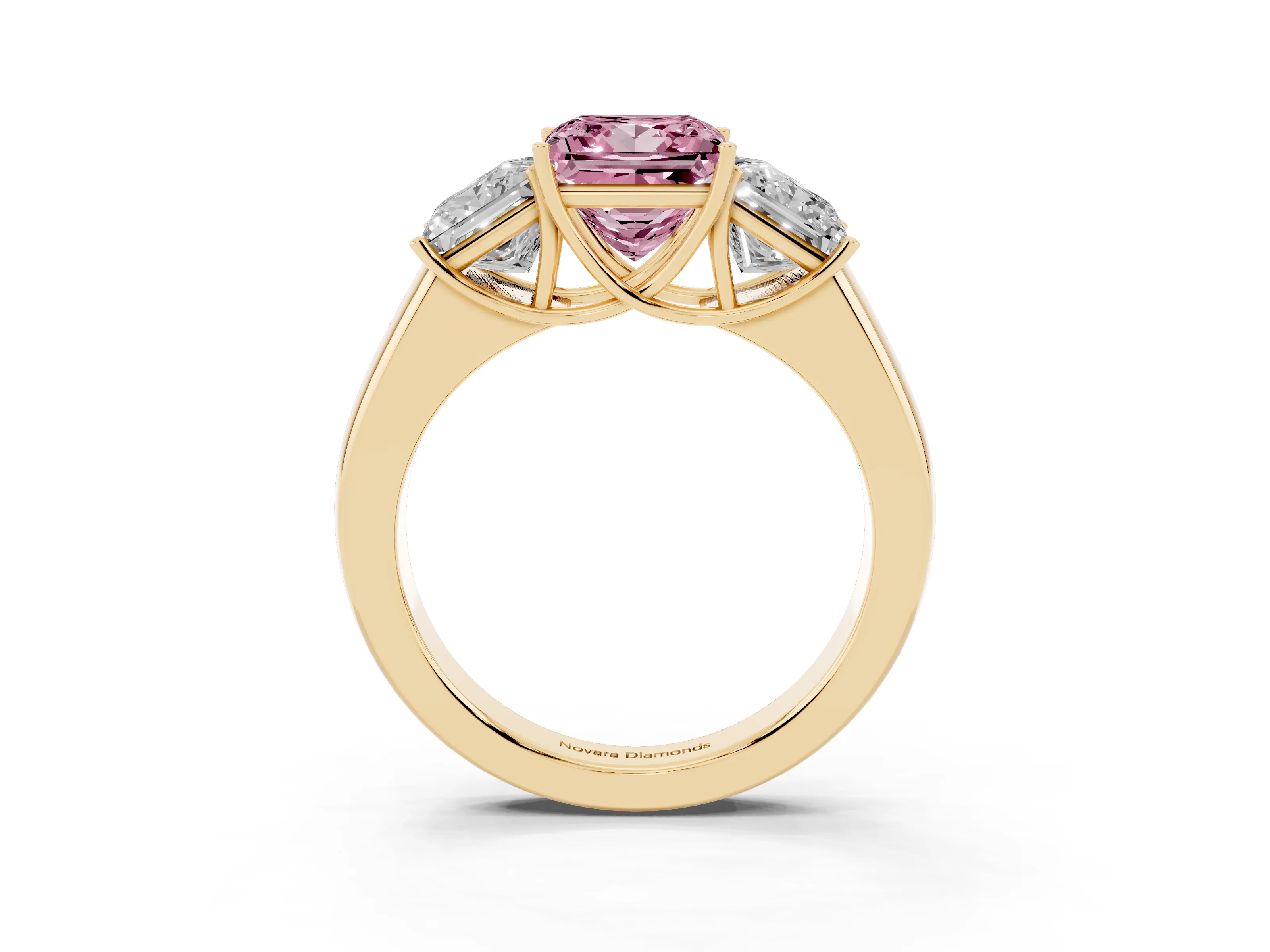 Fancy Pink Three-Stone Princess Cut Diamond Ring Set in Yellow gold with Matching Prong Settings and Plain Band