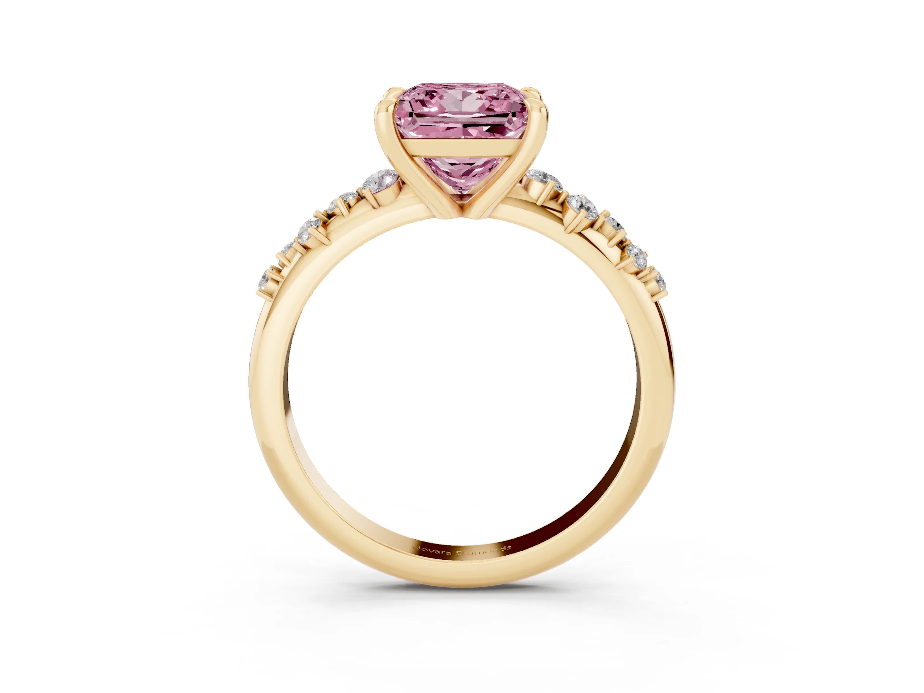 Fancy Pink Princess Cut Diamond Solitaire Vine Band Ring Set in Yellow gold with Round Accents and Prong Setting