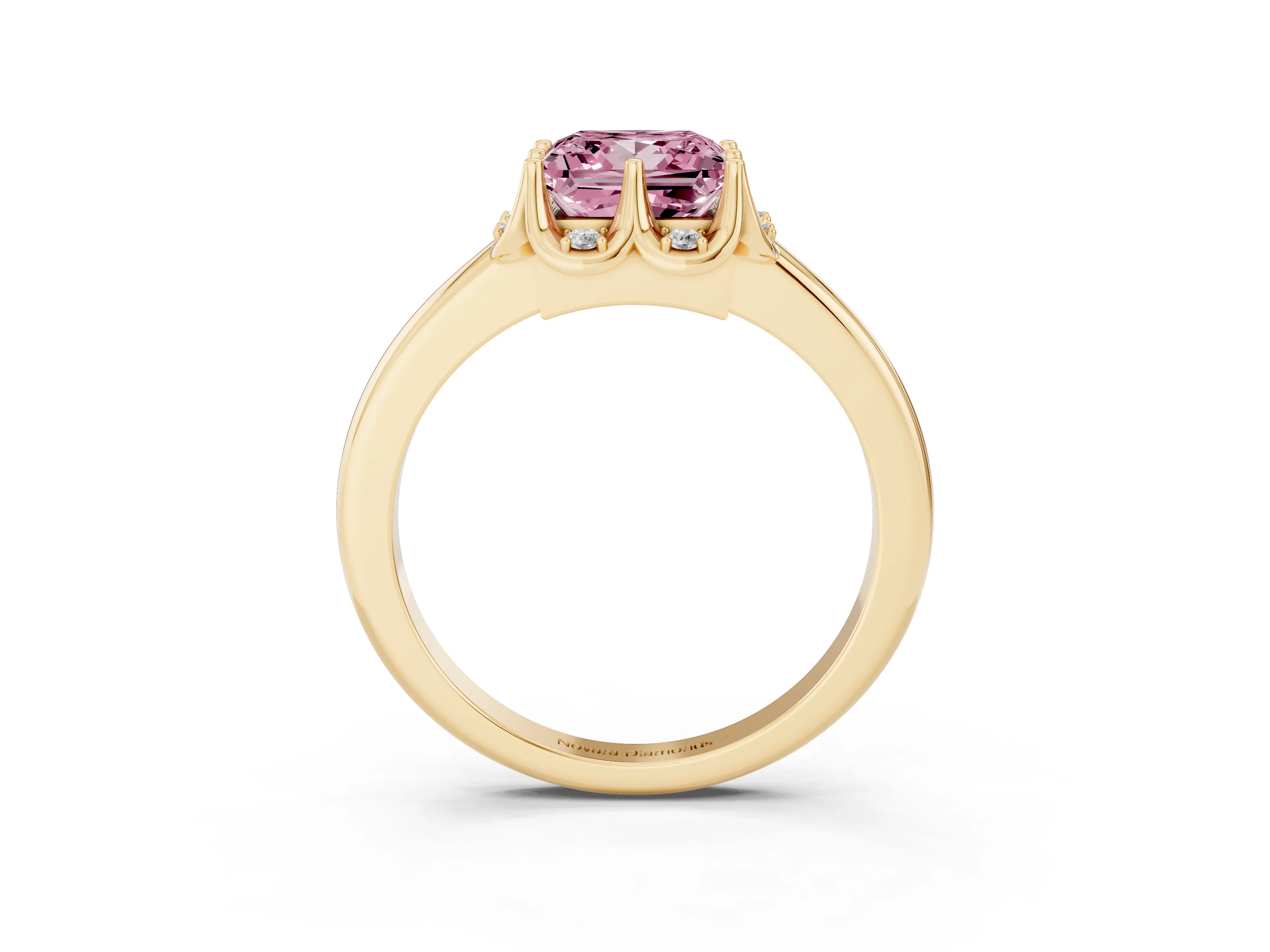 Fancy Pink Princess Cut Diamond Round Cluster Halo Ring Set in Yellow gold with Solitaire Band and Prong Setting