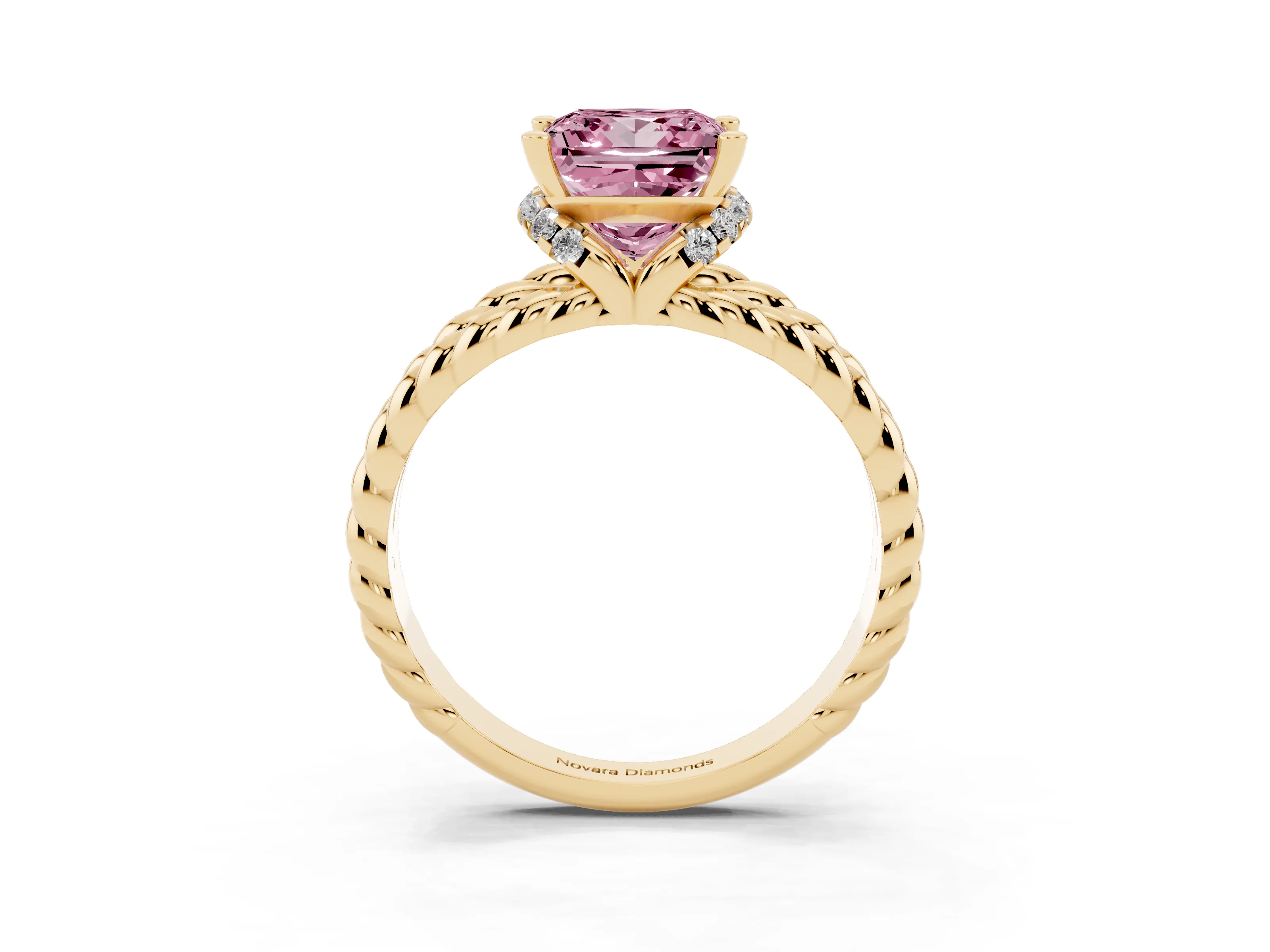 Fancy Pink Princess Cut Diamond Halo Ring Set in Yellow gold with Twisted Band and Prong Setting