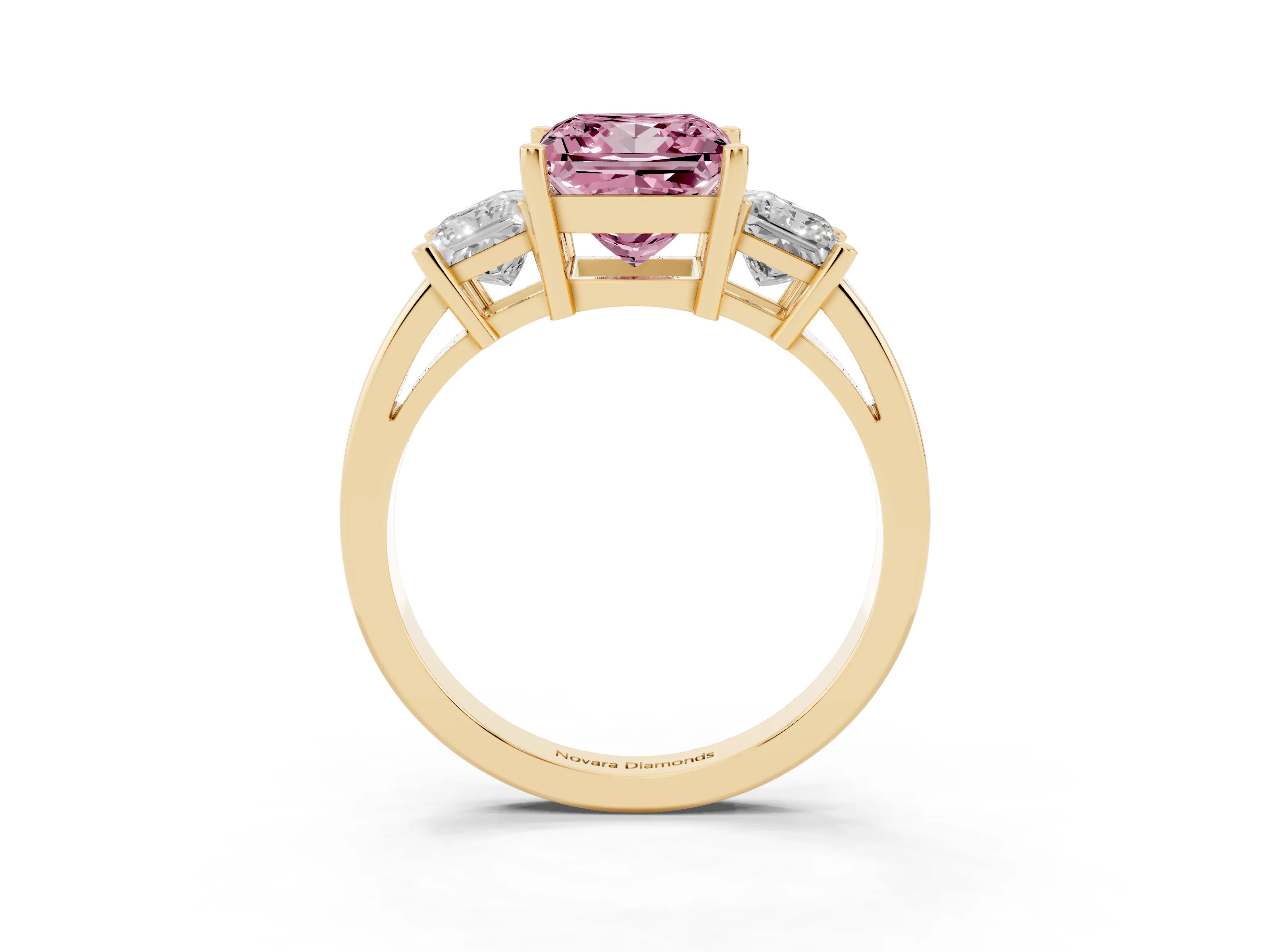 Fancy Pink Three-Stone Princess Cut Diamond Solitaire Ring Set in Yellow gold with Prong Setting