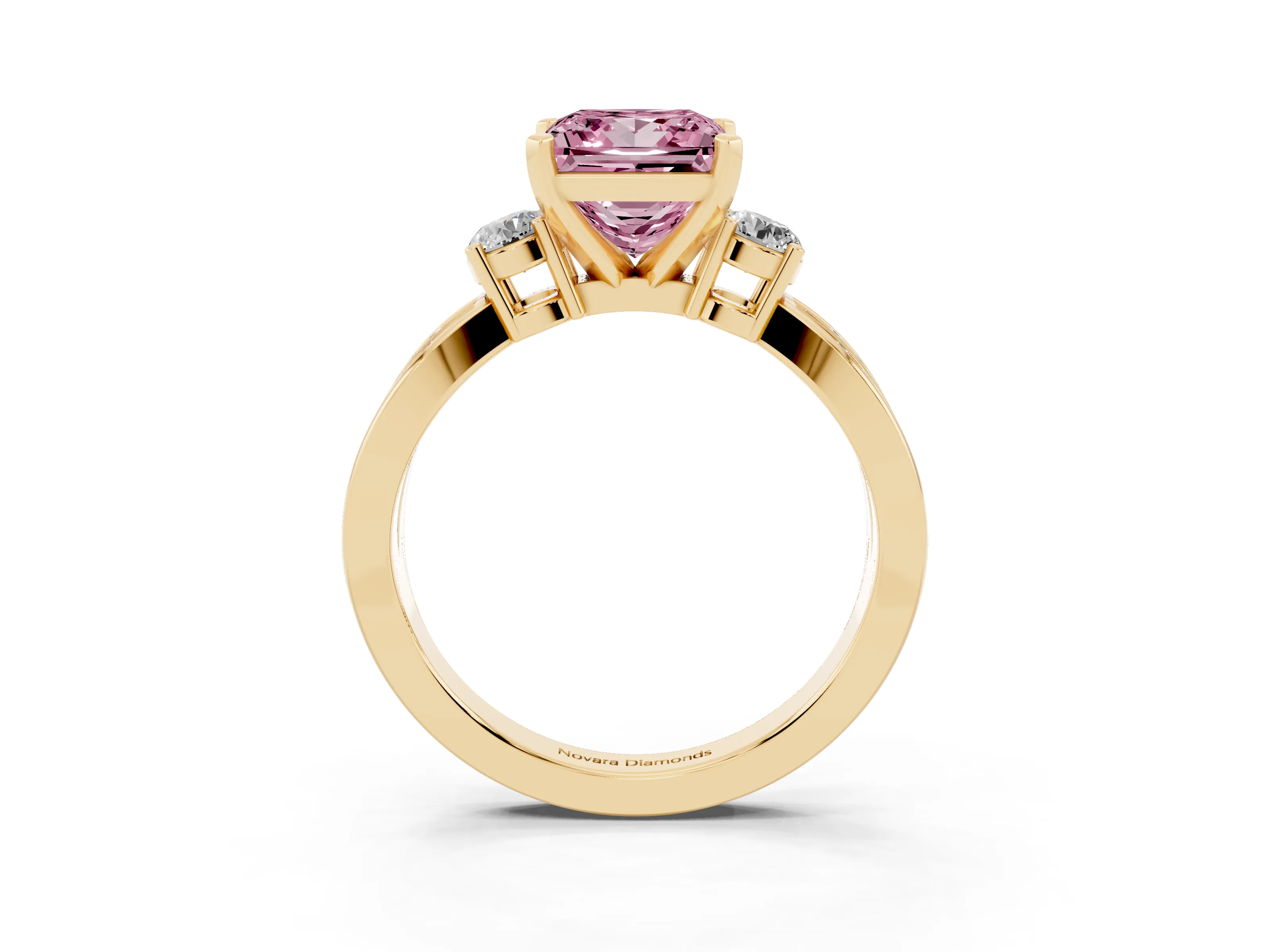 Fancy Pink Three-Stone Princess Cut Diamond Twist Band Ring Set in Yellow gold with Pavé Accents and Prong Setting