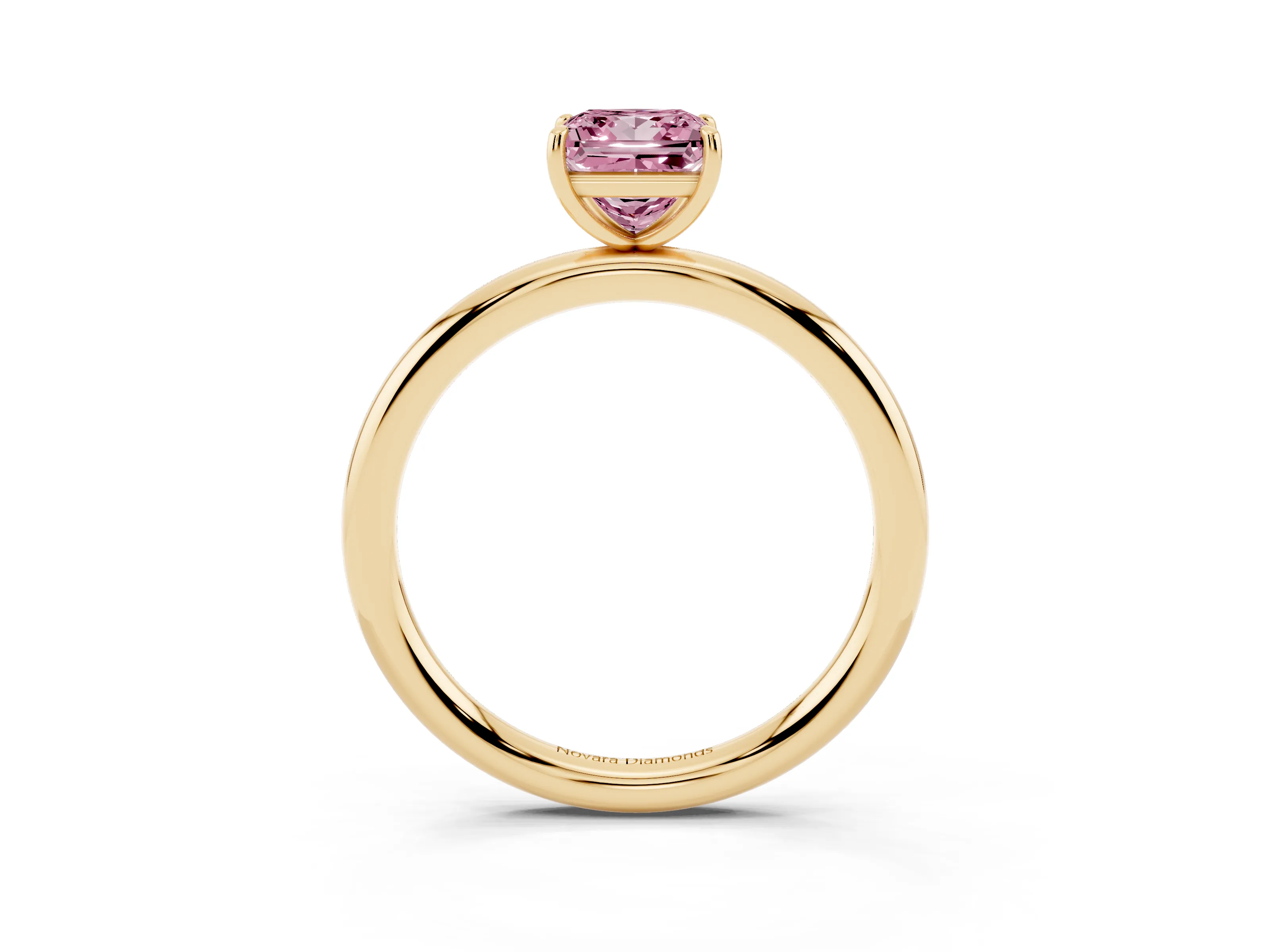Fancy Pink Princess Cut Diamond Solitaire Ring Set in Yellow gold with Prong Setting on a Polished Plain Band