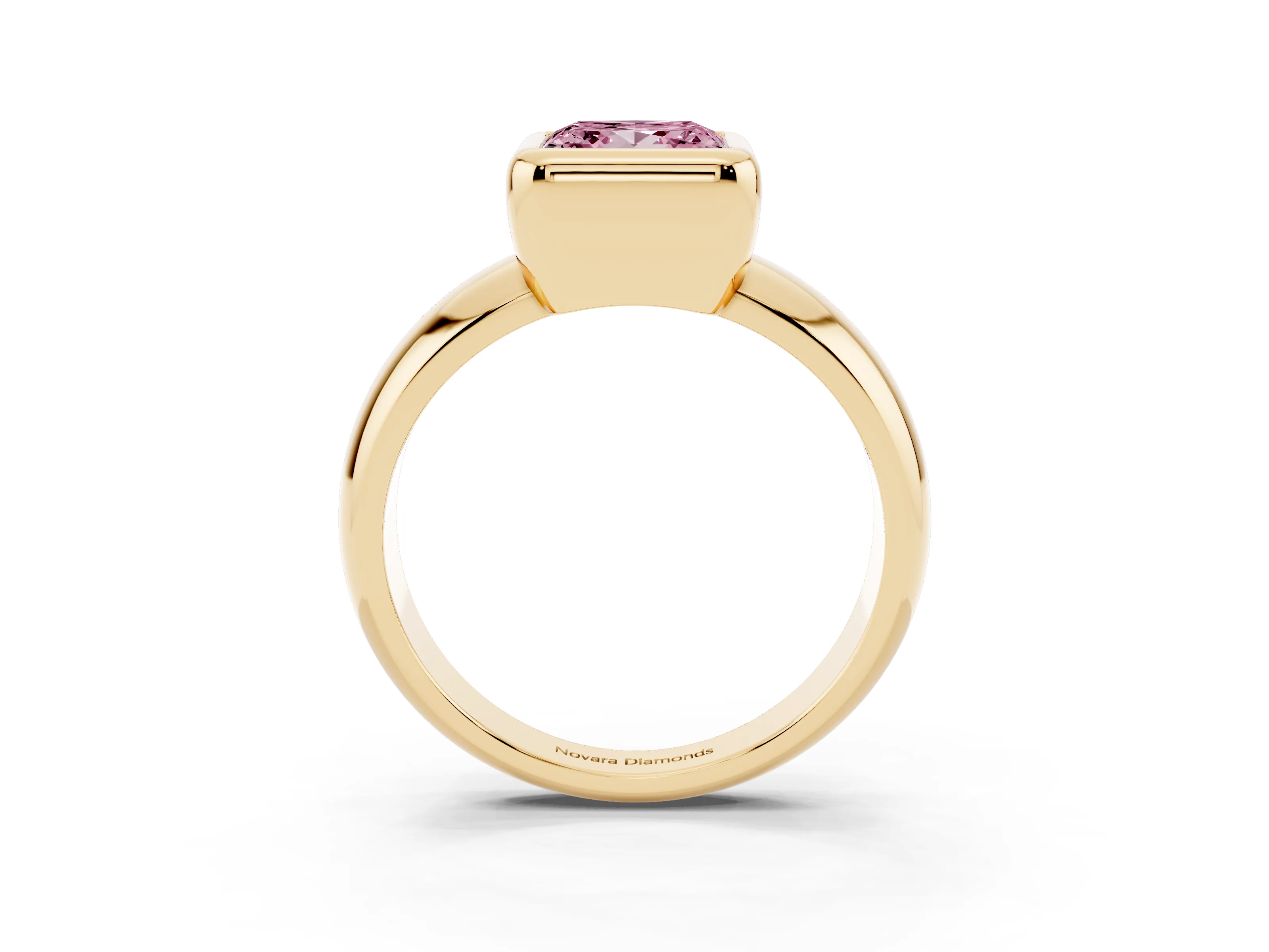 Fancy Pink Bezel Set Princess Cut Diamond Solitaire Ring Set in Yellow gold with Wide Band