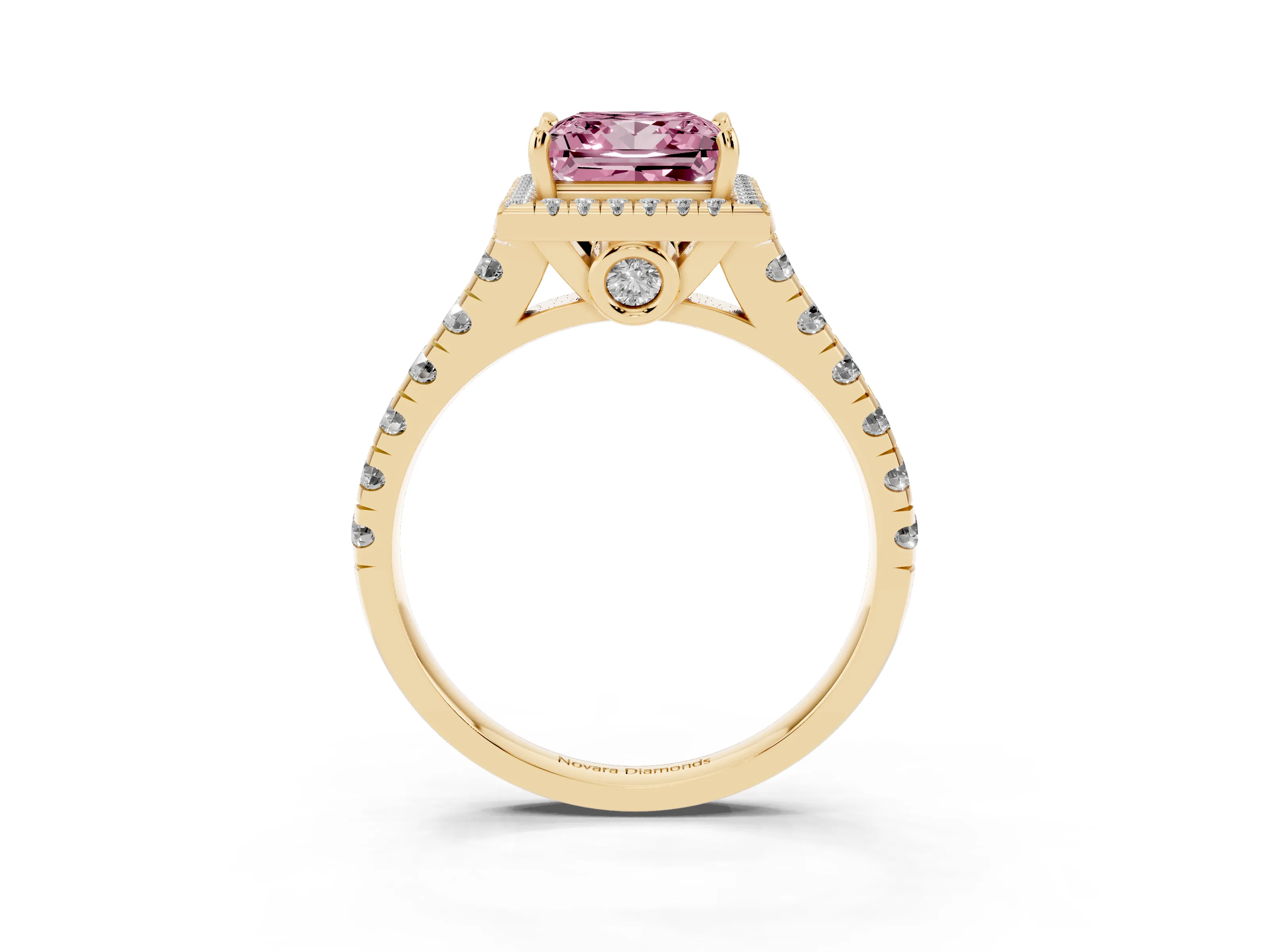Fancy Pink Princess Cut Diamond Halo Engagement Ring Set in Yellow gold with Pavé Band and Prong-Set Center