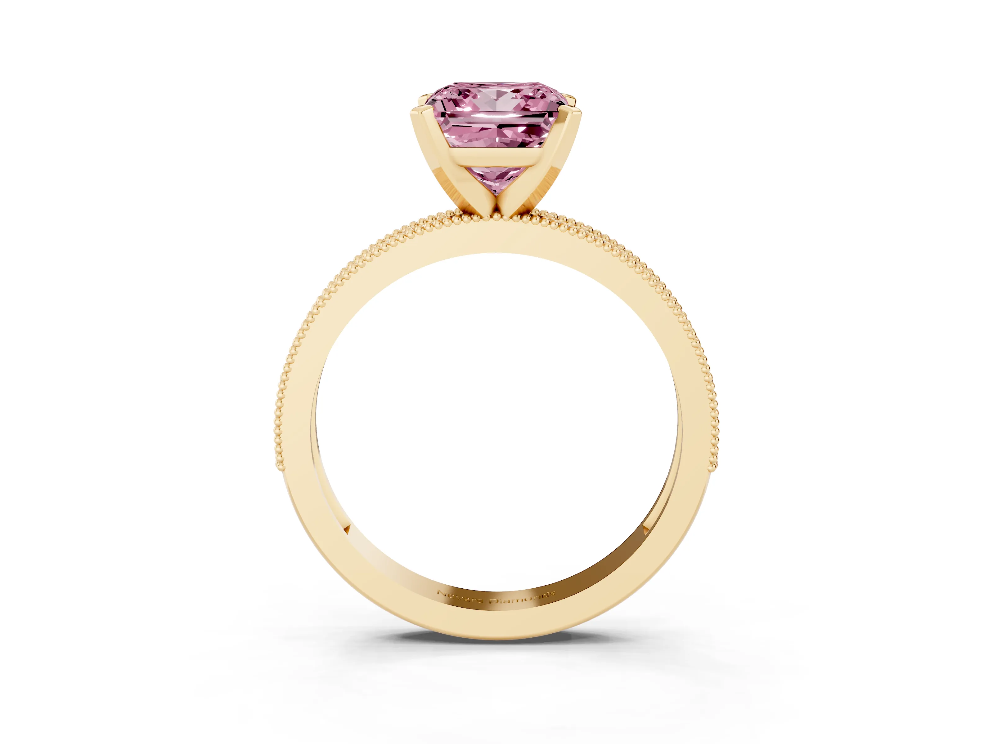 Fancy Pink Princess Cut Diamond Milgrain Pavé Engagement Ring Set in Yellow gold with Prong Setting