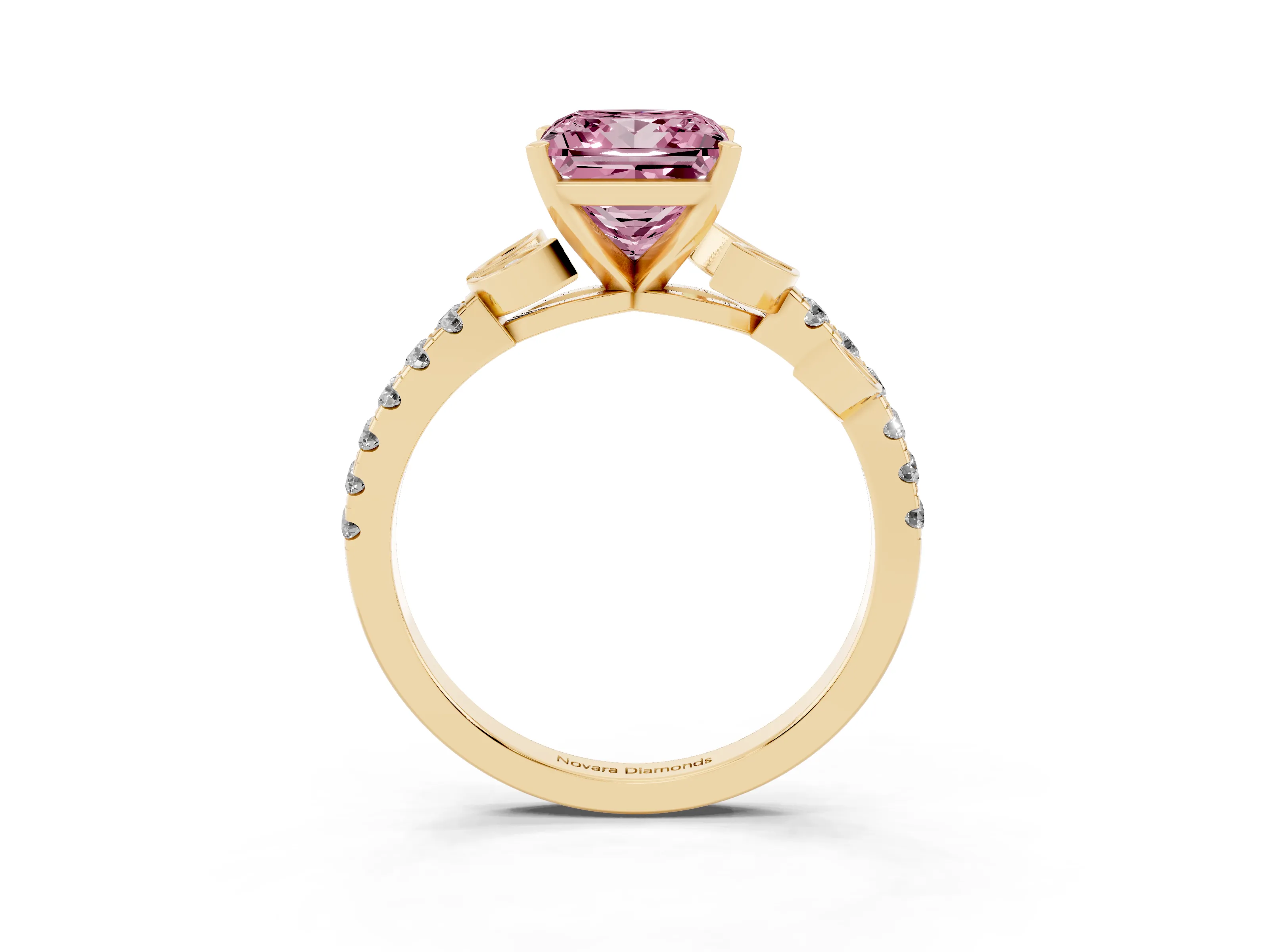 Fancy Pink Princess Cut Diamond Solitaire Leaf-Inspired Ring Set in Yellow gold with Pavé Band and Prong Setting