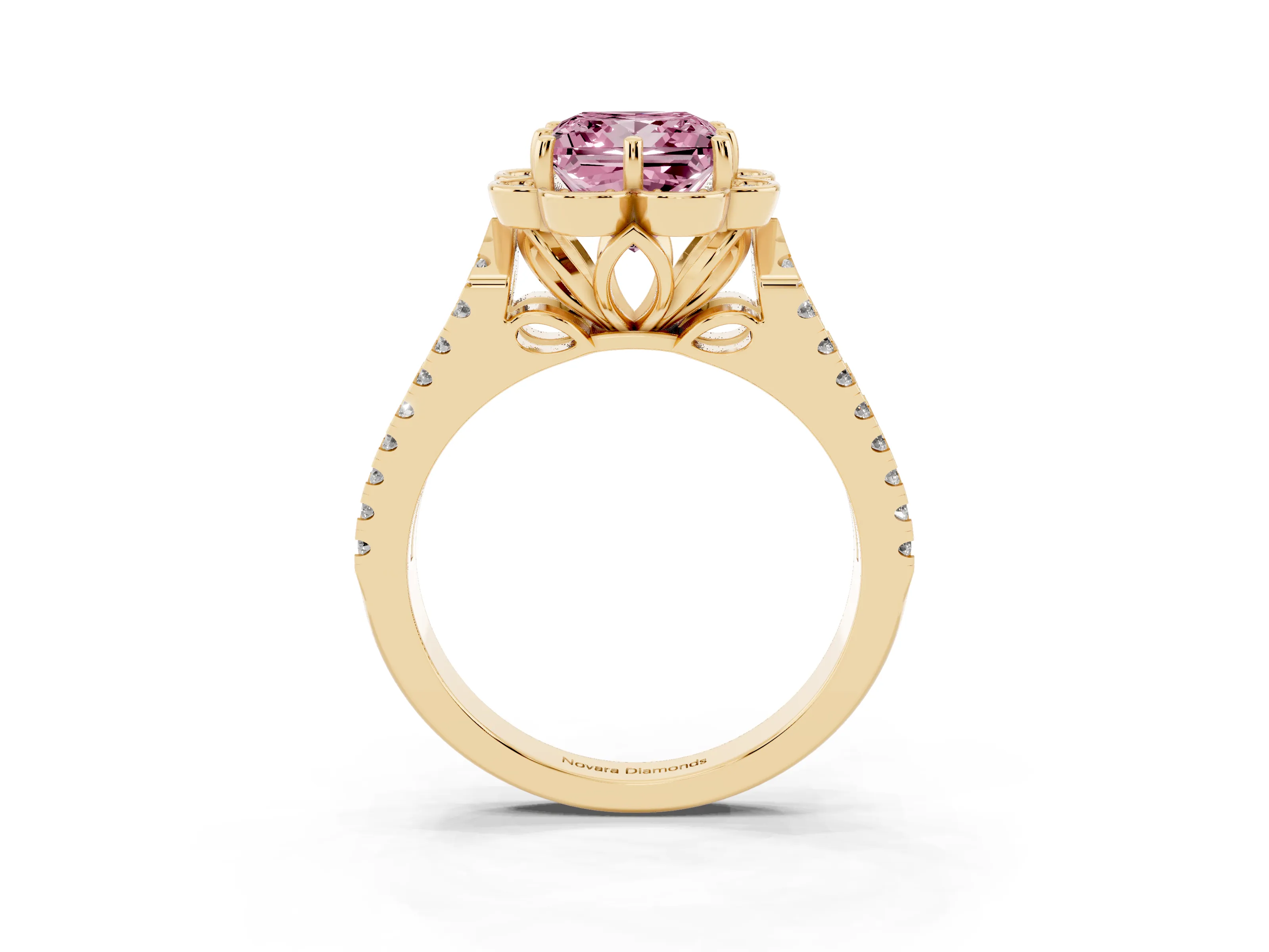 Fancy Pink Princess Cut Diamond Floral Halo Split Shank Engagement Ring Set in Yellow gold with Pavé Shank