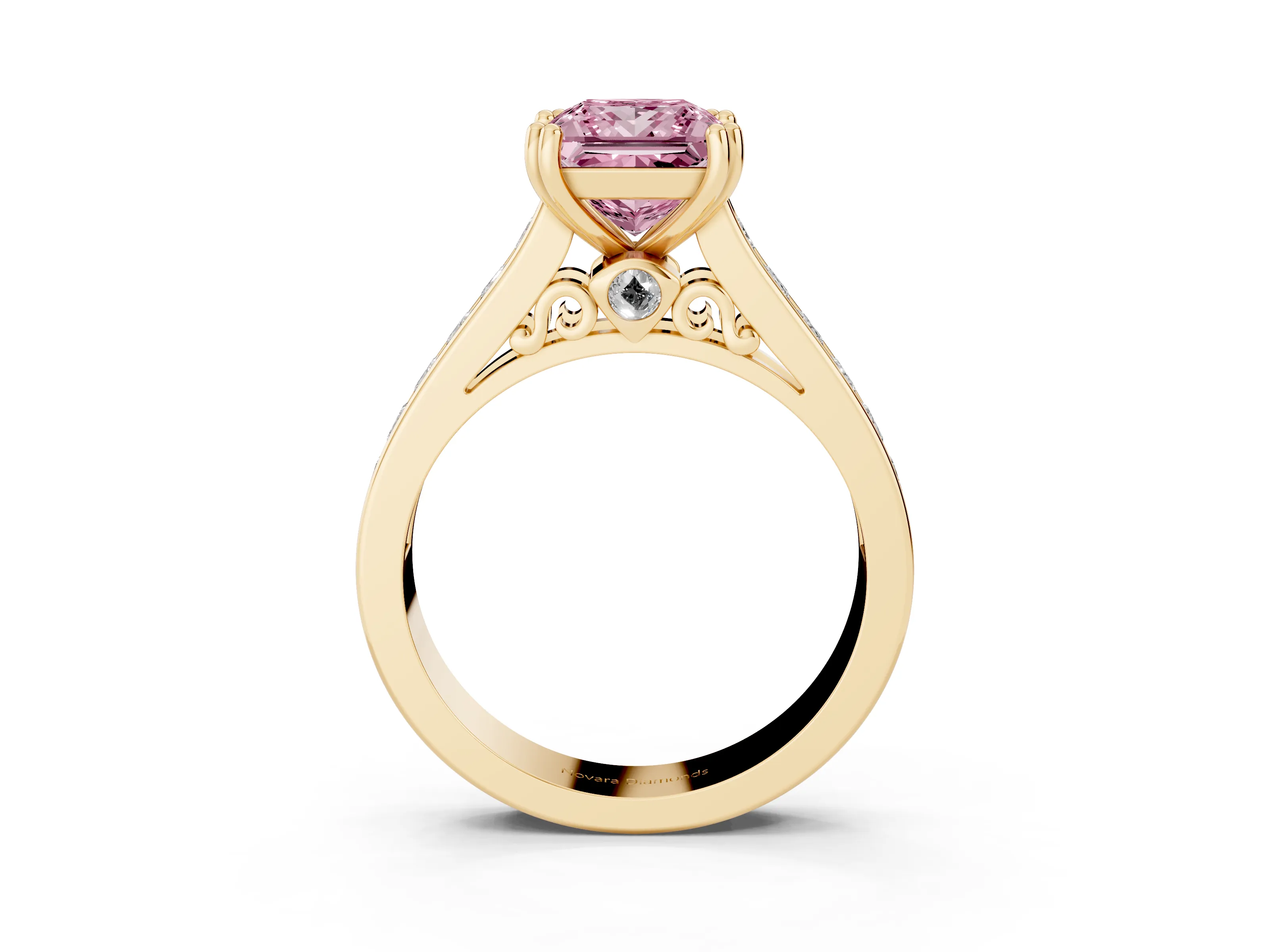 Fancy Pink Princess Cut Diamond Channel Set Solitaire Engagement Ring Set in Yellow gold with Prong Setting
