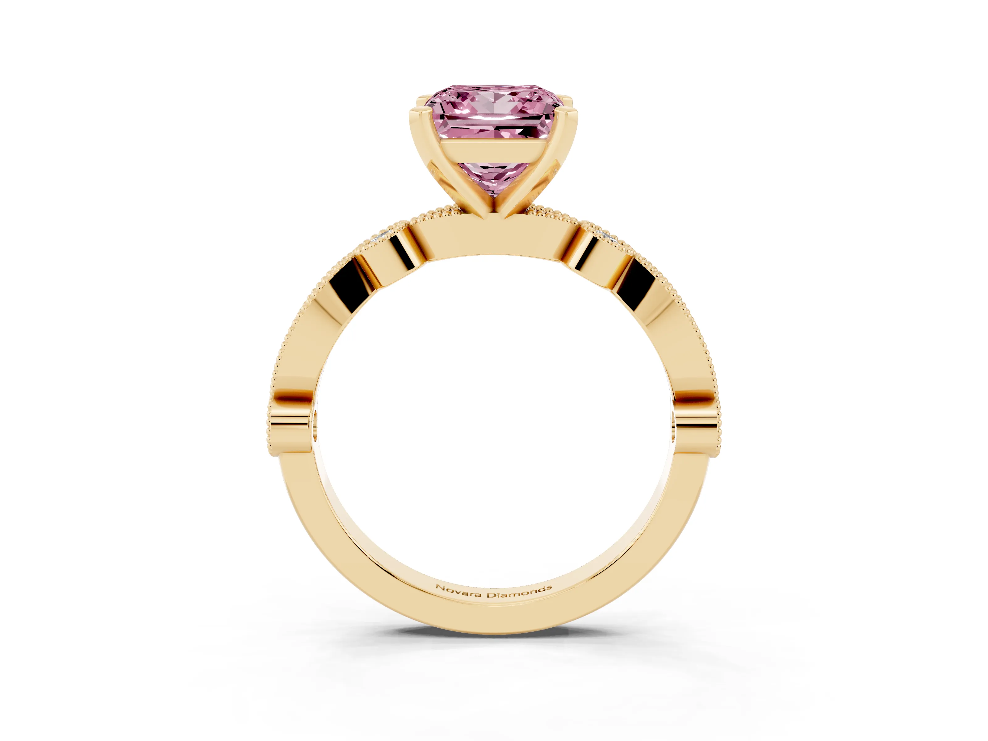 Fancy Pink Princess Cut Diamond Solitaire Engagement Ring Set in Yellow gold with Milgrain Bezel Accent Band