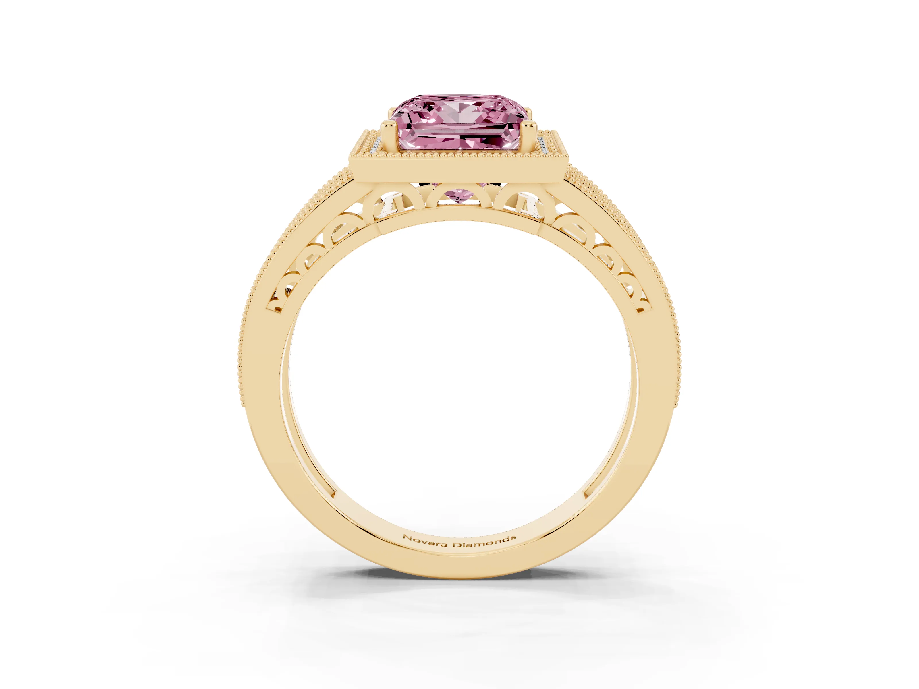 Fancy Pink Princess Cut Diamond Halo Ring Set in Yellow gold with Accent Split Shank and Prong Setting