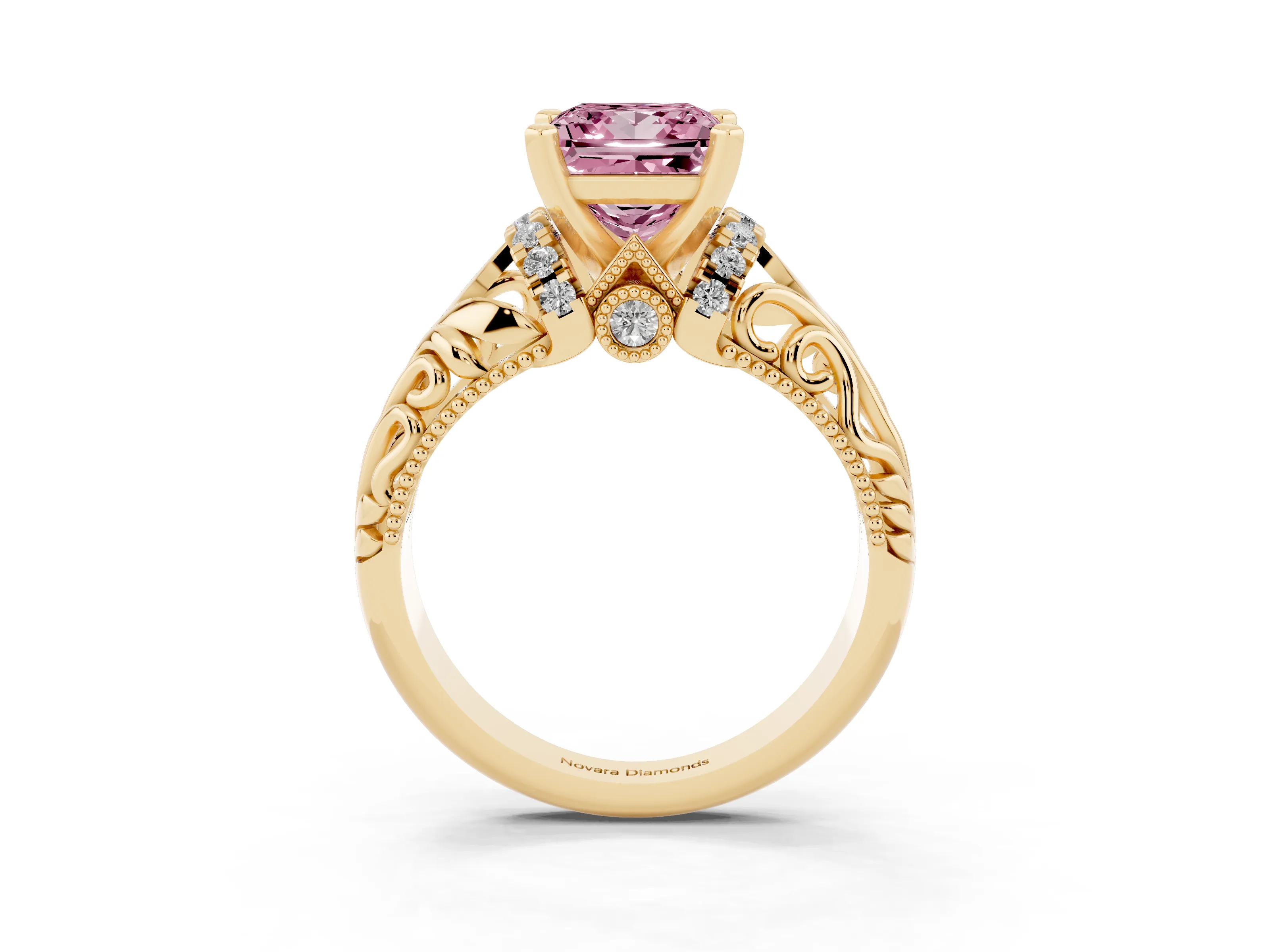 Fancy Pink Princess Cut Diamond Filigree Halo Engagement Ring Set in Yellow gold with Prong Setting