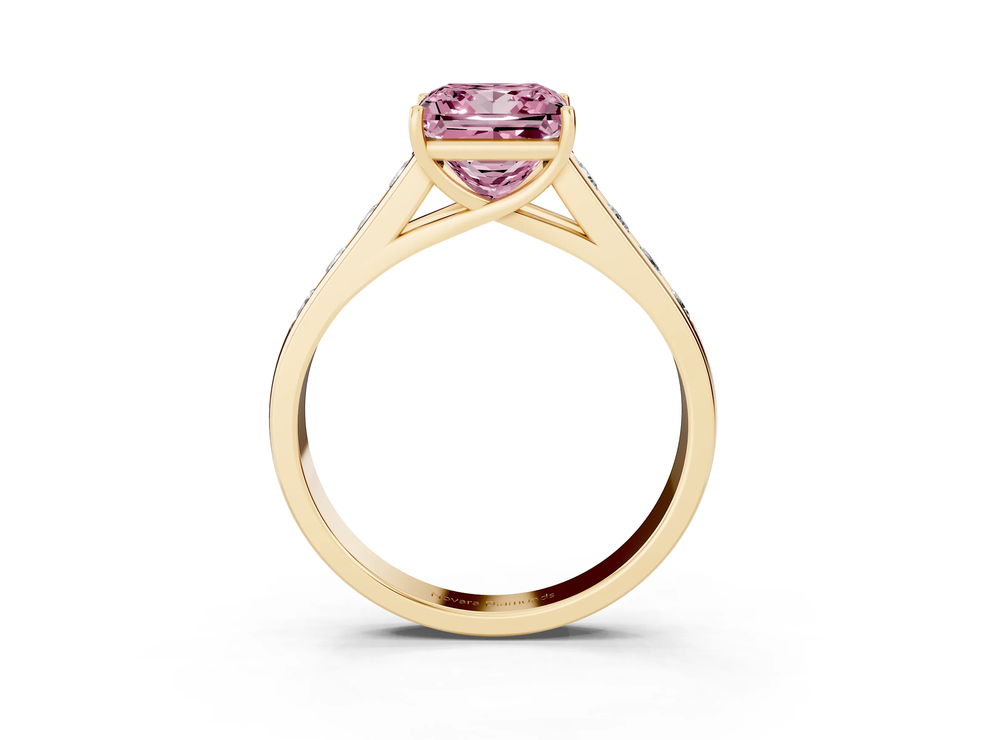 Fancy Pink Princess Cut Diamond Solitaire Channel-Set Engagement Ring Set in Yellow gold with Prong Setting