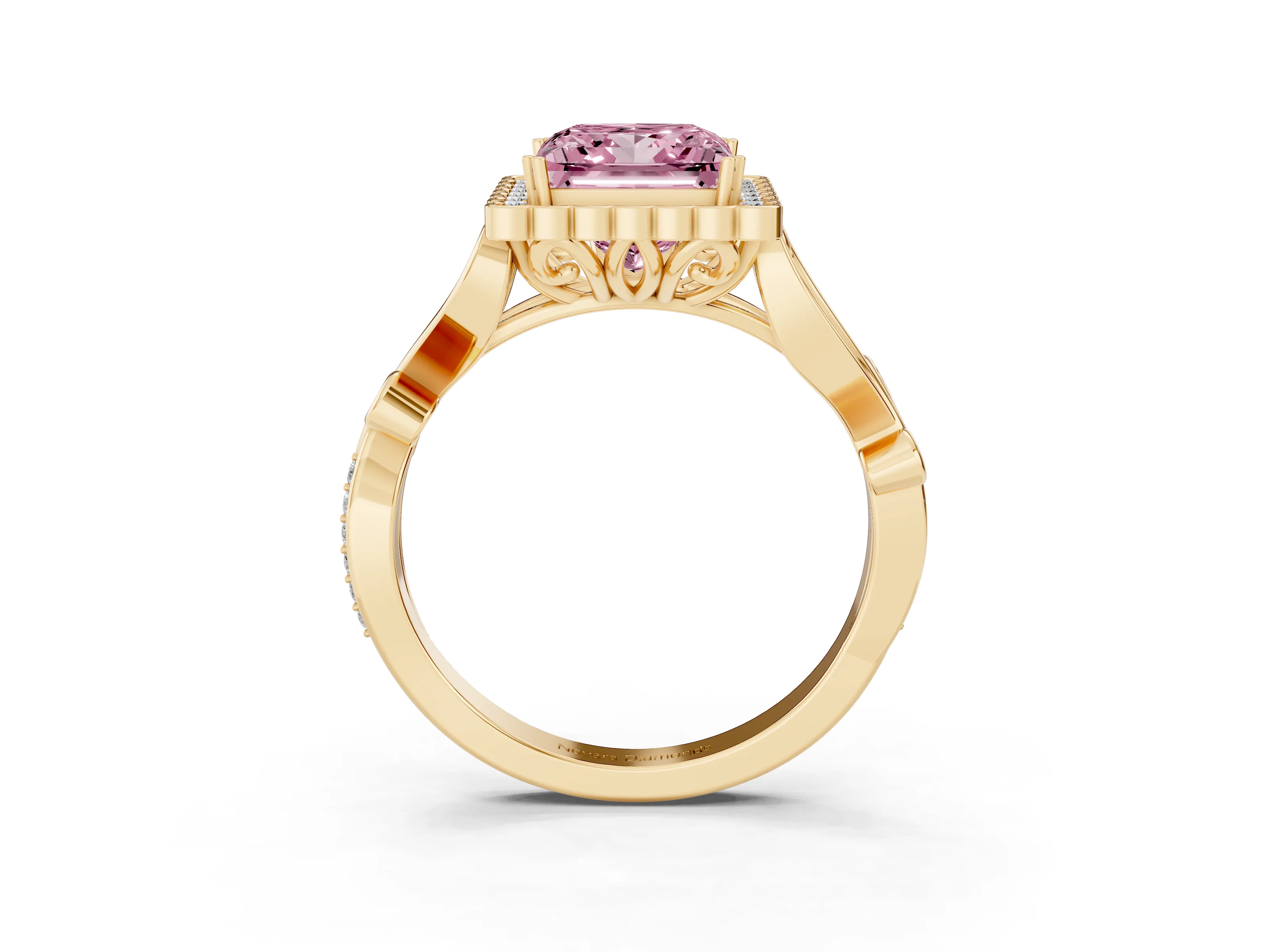 Fancy Pink Princess Cut Diamond Halo Ring Set in Yellow gold with Leaf Motif Split Shank and Prong Setting
