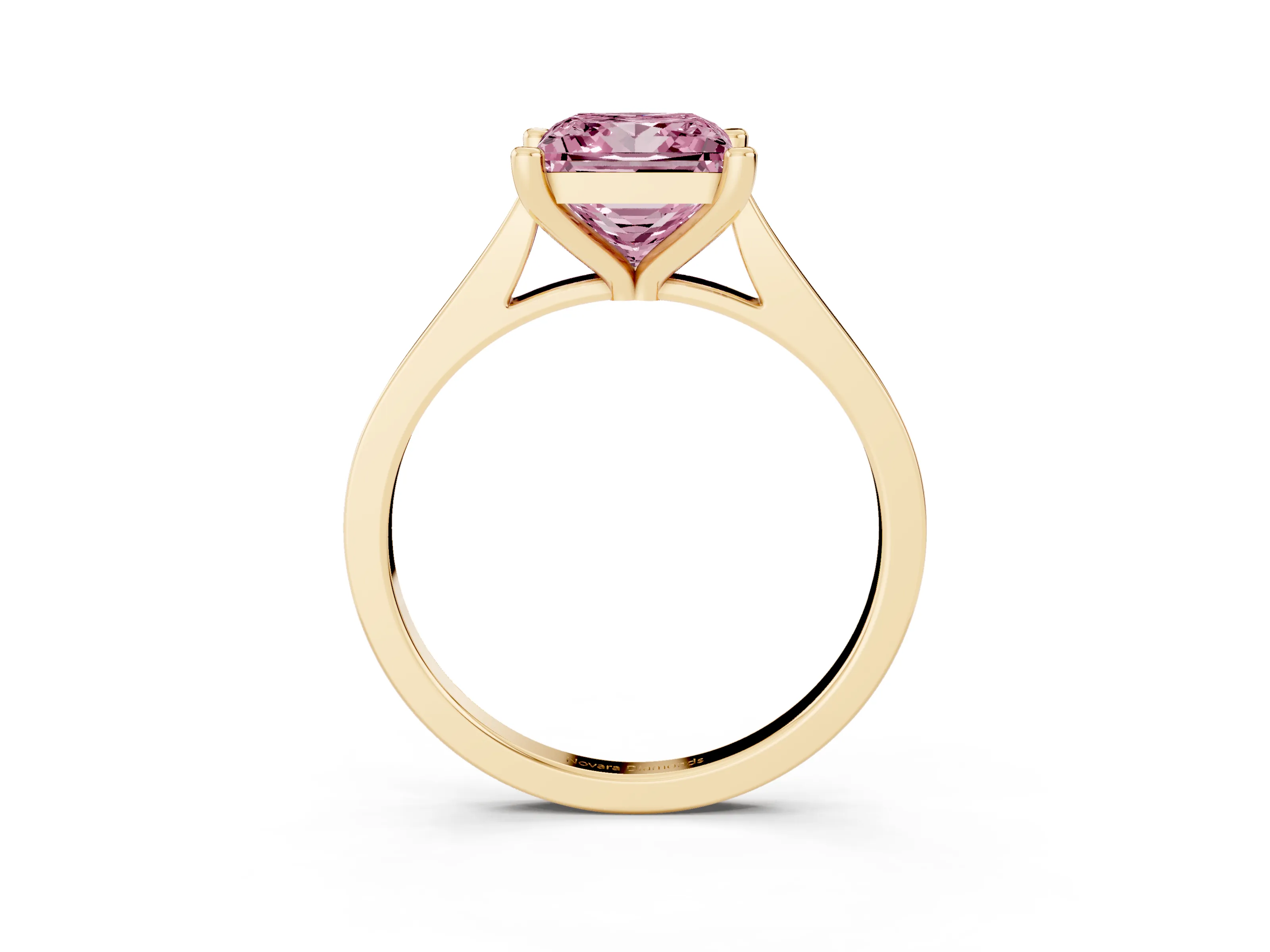 Fancy Pink Princess Cut Diamond Solitaire Ring Set in Yellow gold with Prong Setting and Tapered Band