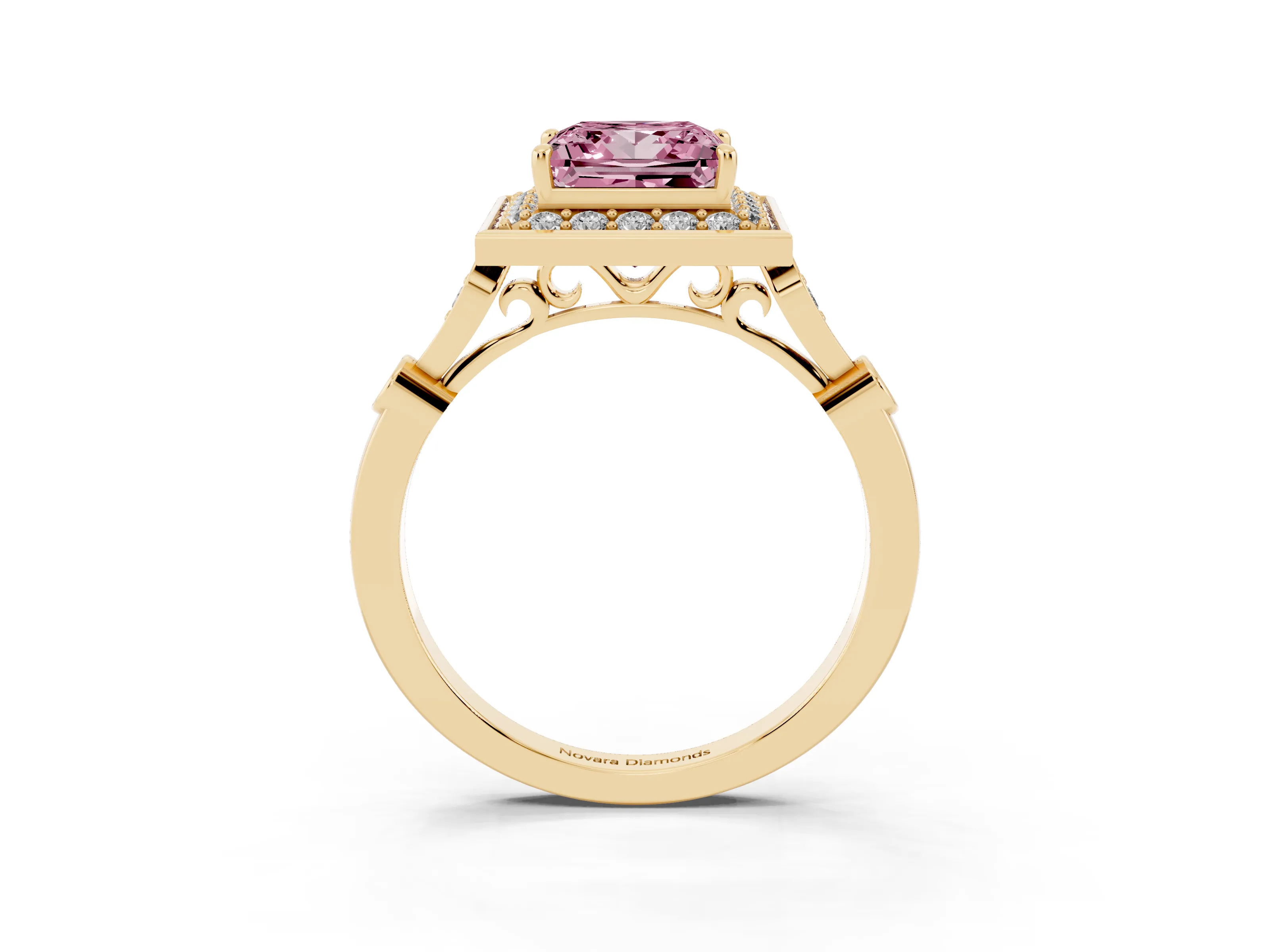 Fancy Pink Princess Cut Diamond Halo Engagement Ring Set in Yellow gold with Twisted Band and Prong Setting