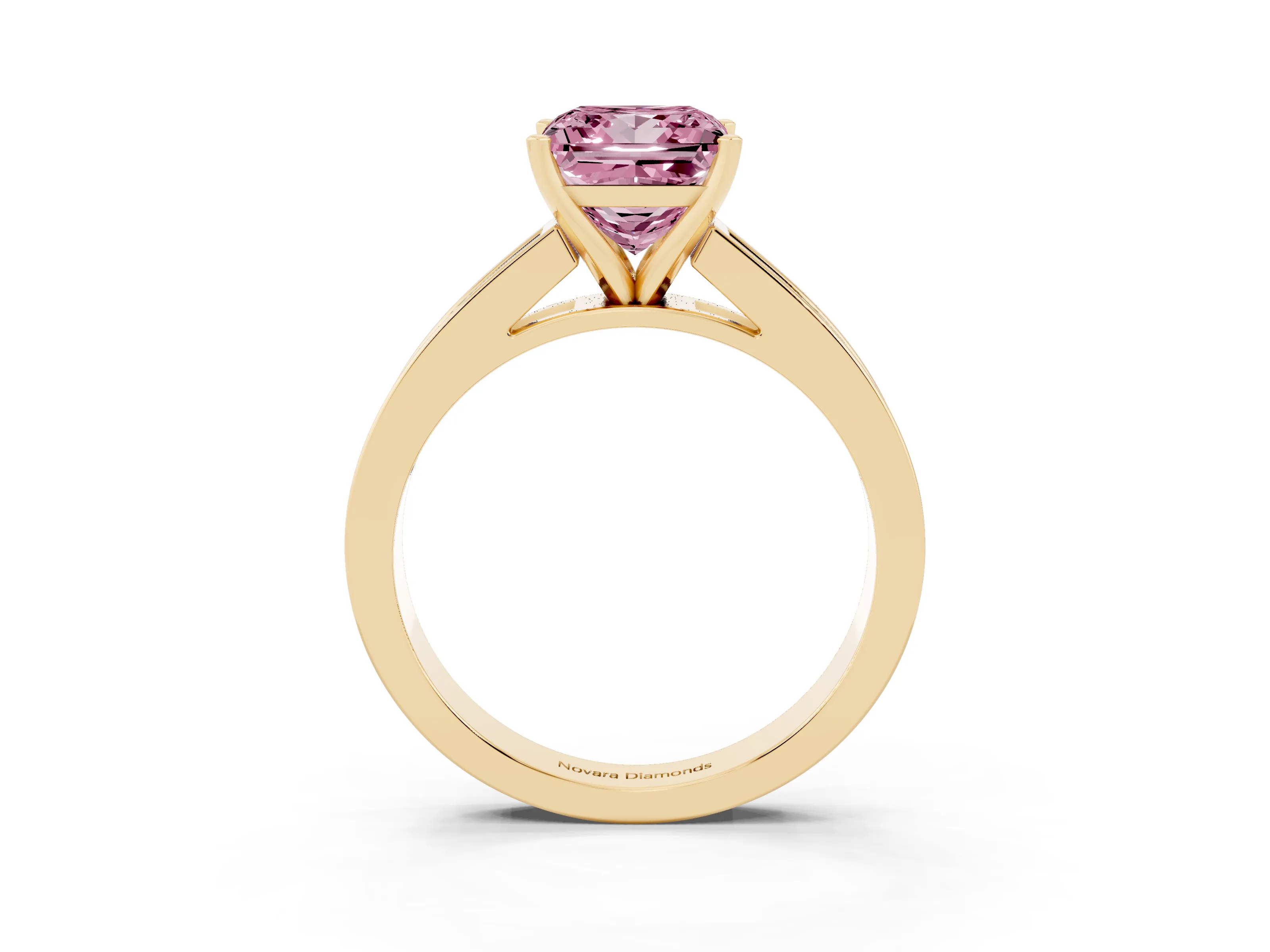 Fancy Pink Princess Cut Diamond Solitaire Ring Set in Yellow gold with Channel-Set Band and Prong Setting