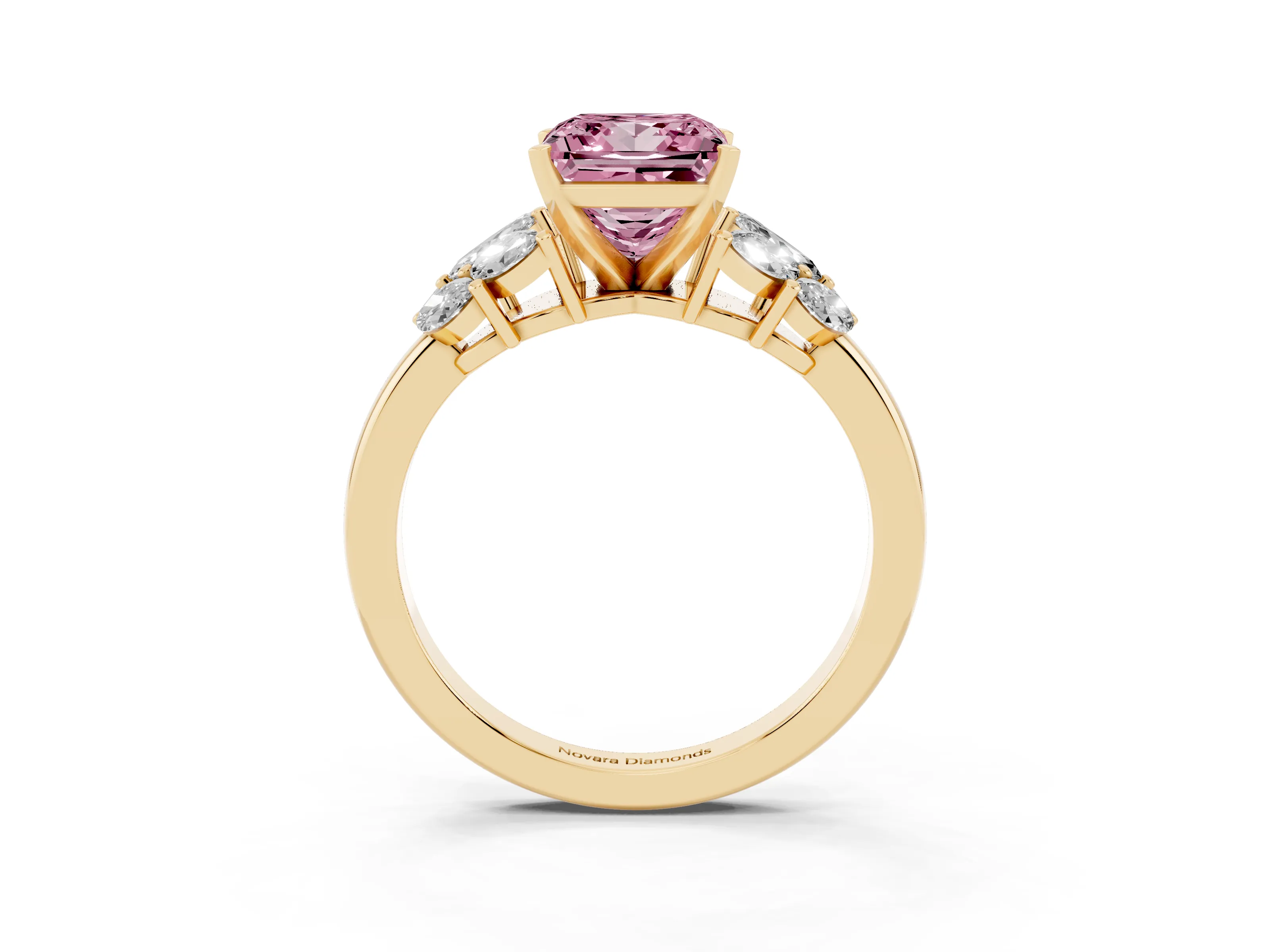 Fancy Pink Princess Cut Diamond Cluster Leaf Design Ring Set in Yellow gold with Prong Setting