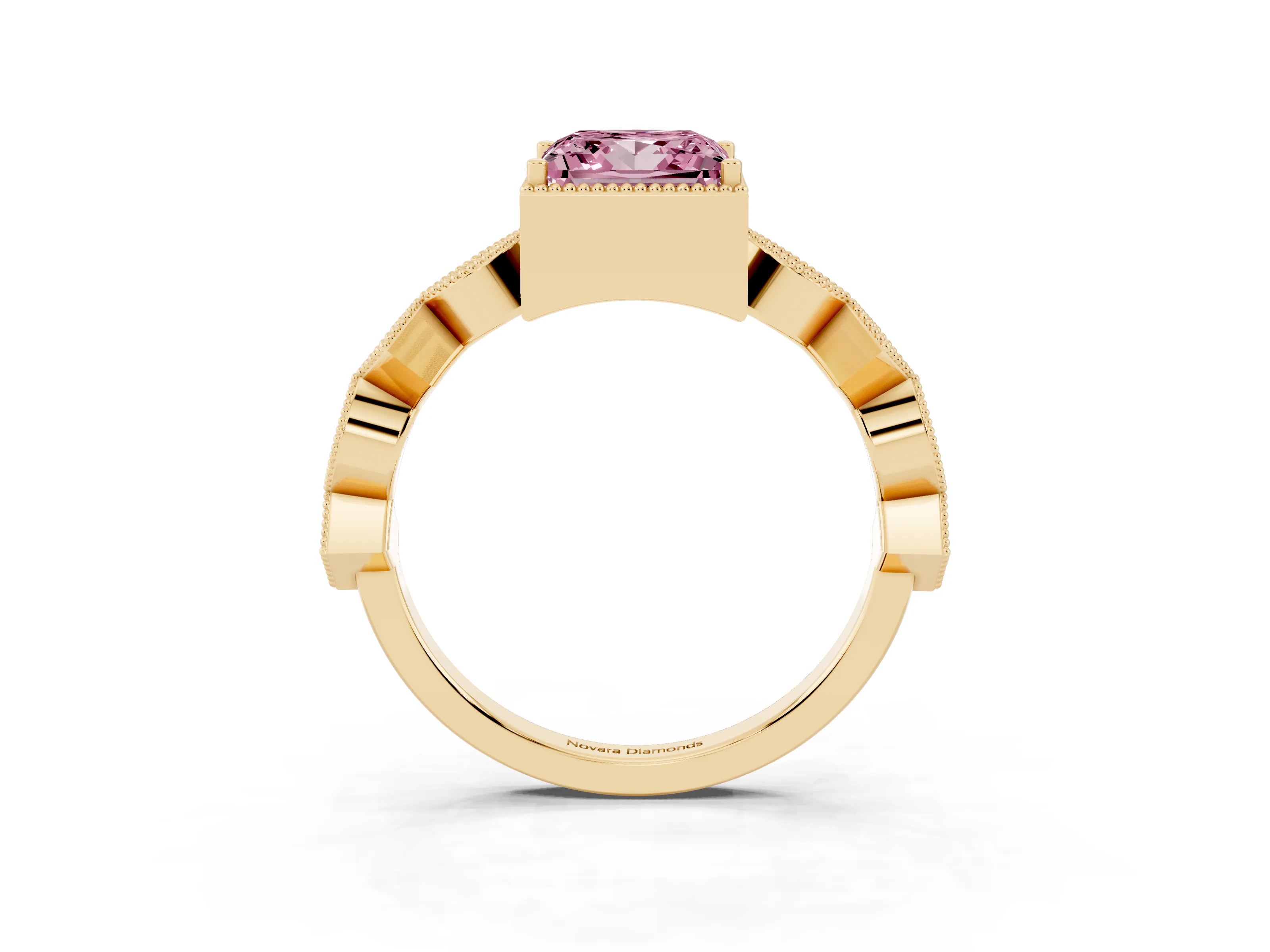 Fancy Pink Princess Cut Diamond Milgrain Marquise Twist Band Ring Set in Yellow gold with Prong Setting