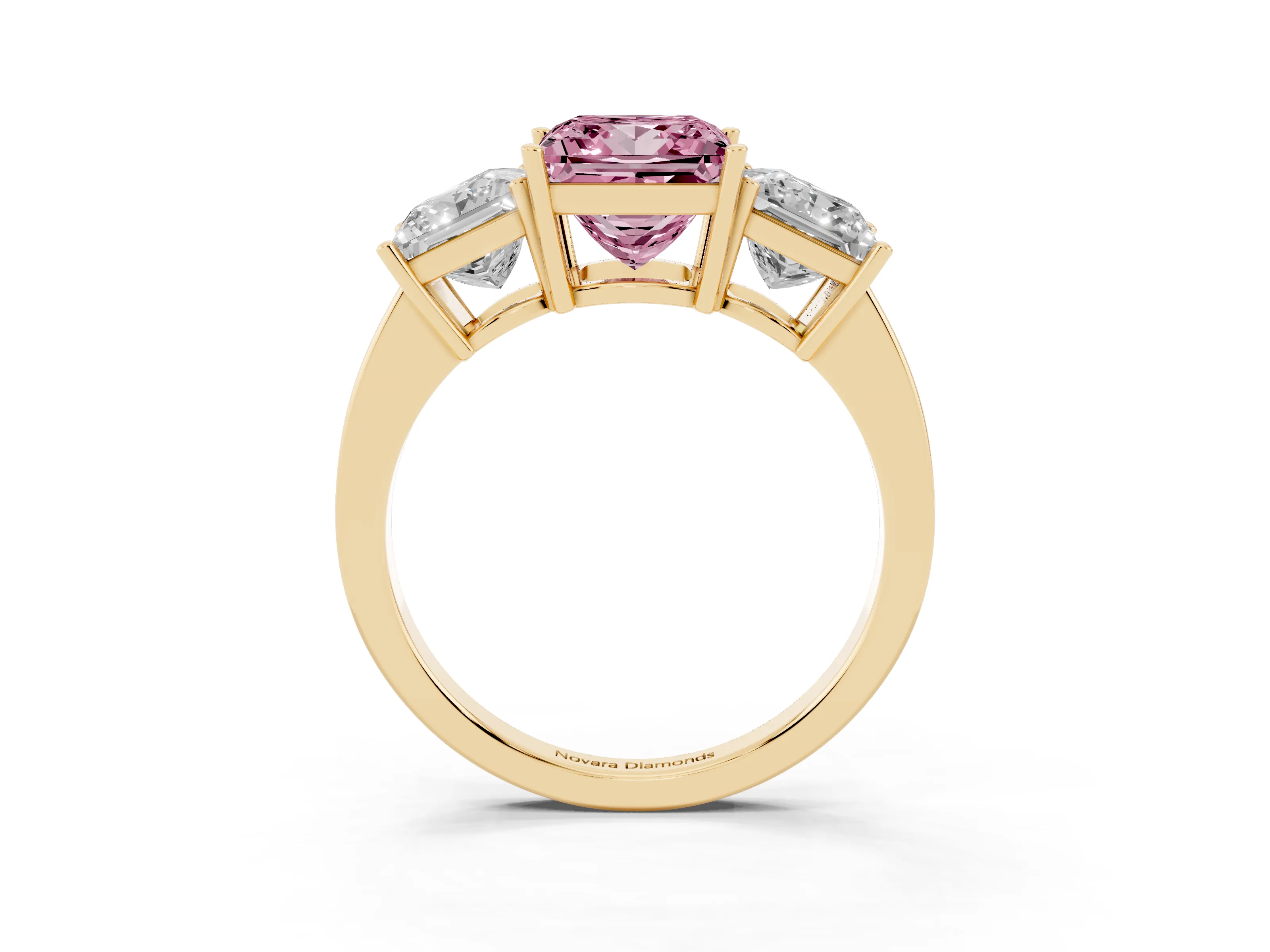 Fancy Pink Princess Cut Diamond Three-Stone Engagement Ring Set in Yellow gold with Flat Band