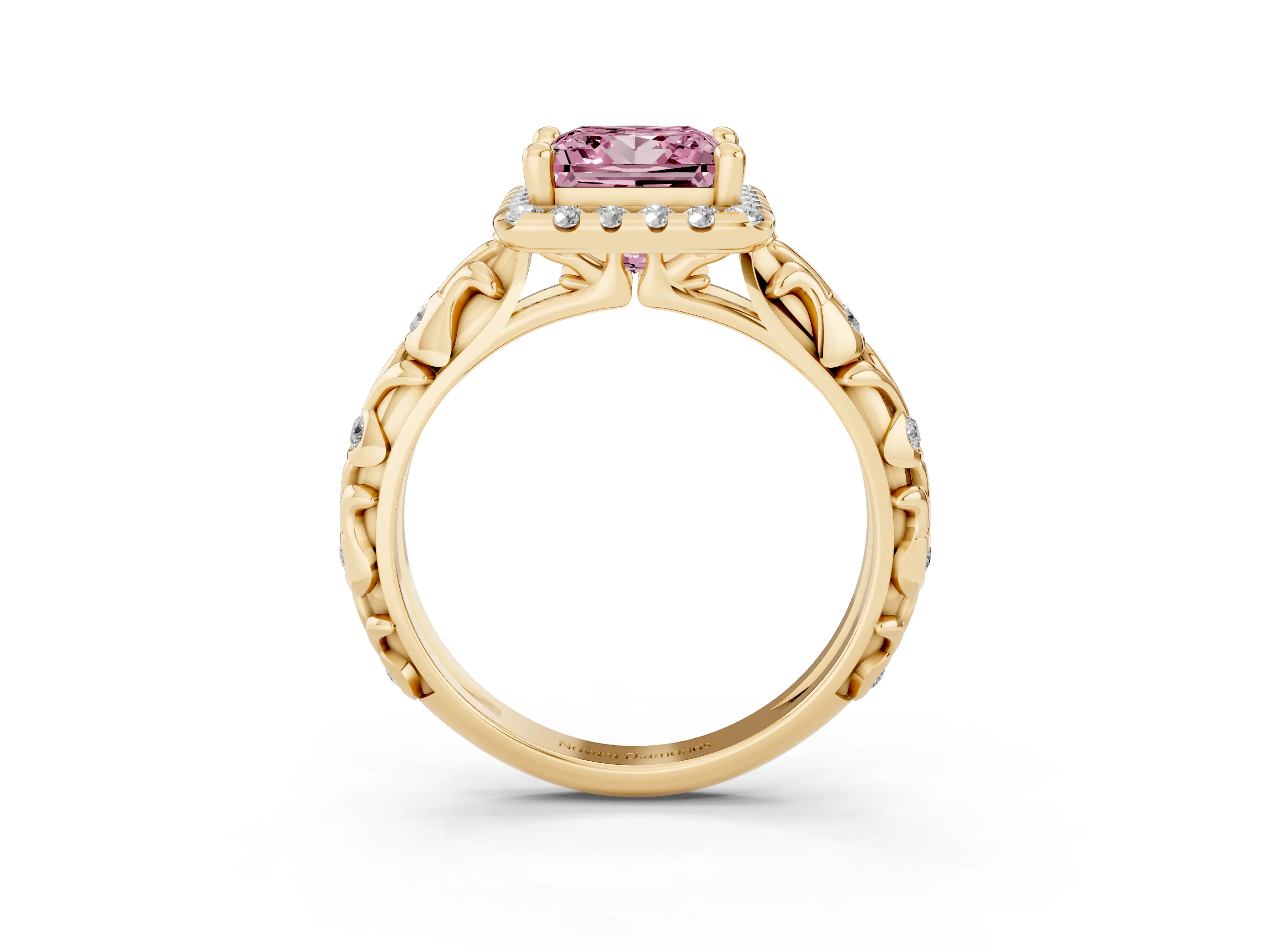 Fancy Pink Princess Cut Diamond Halo Ring Set in Yellow gold with Filigree Leaf Band and Prong Setting