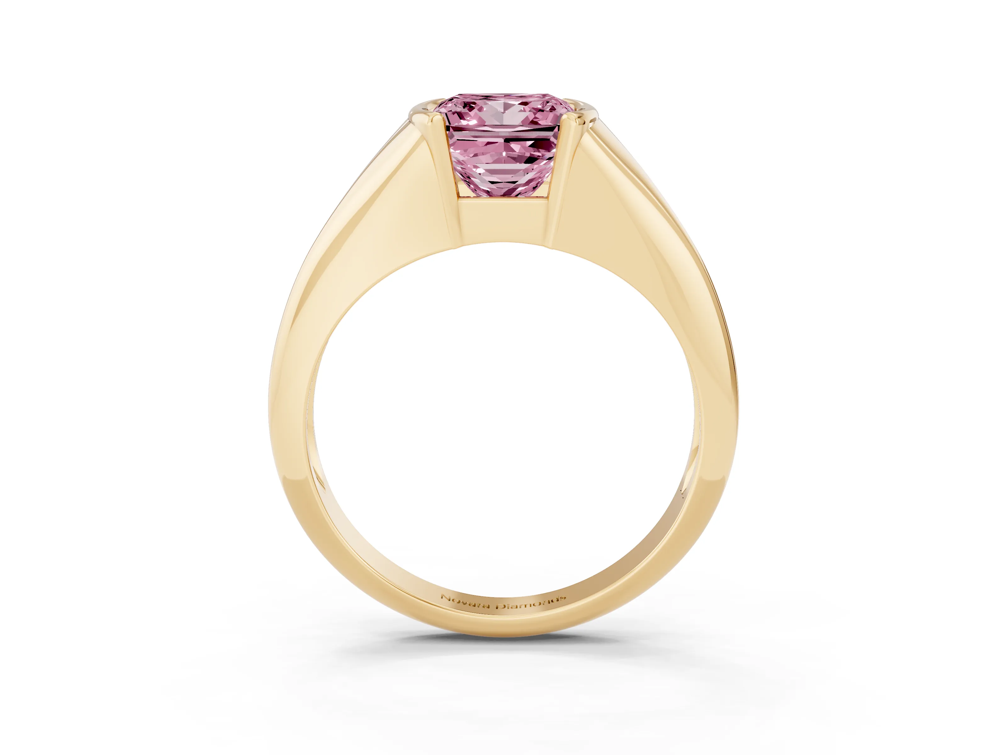 Fancy Pink Princess Cut Diamond Solitaire Tension Set Ring Set in Yellow gold