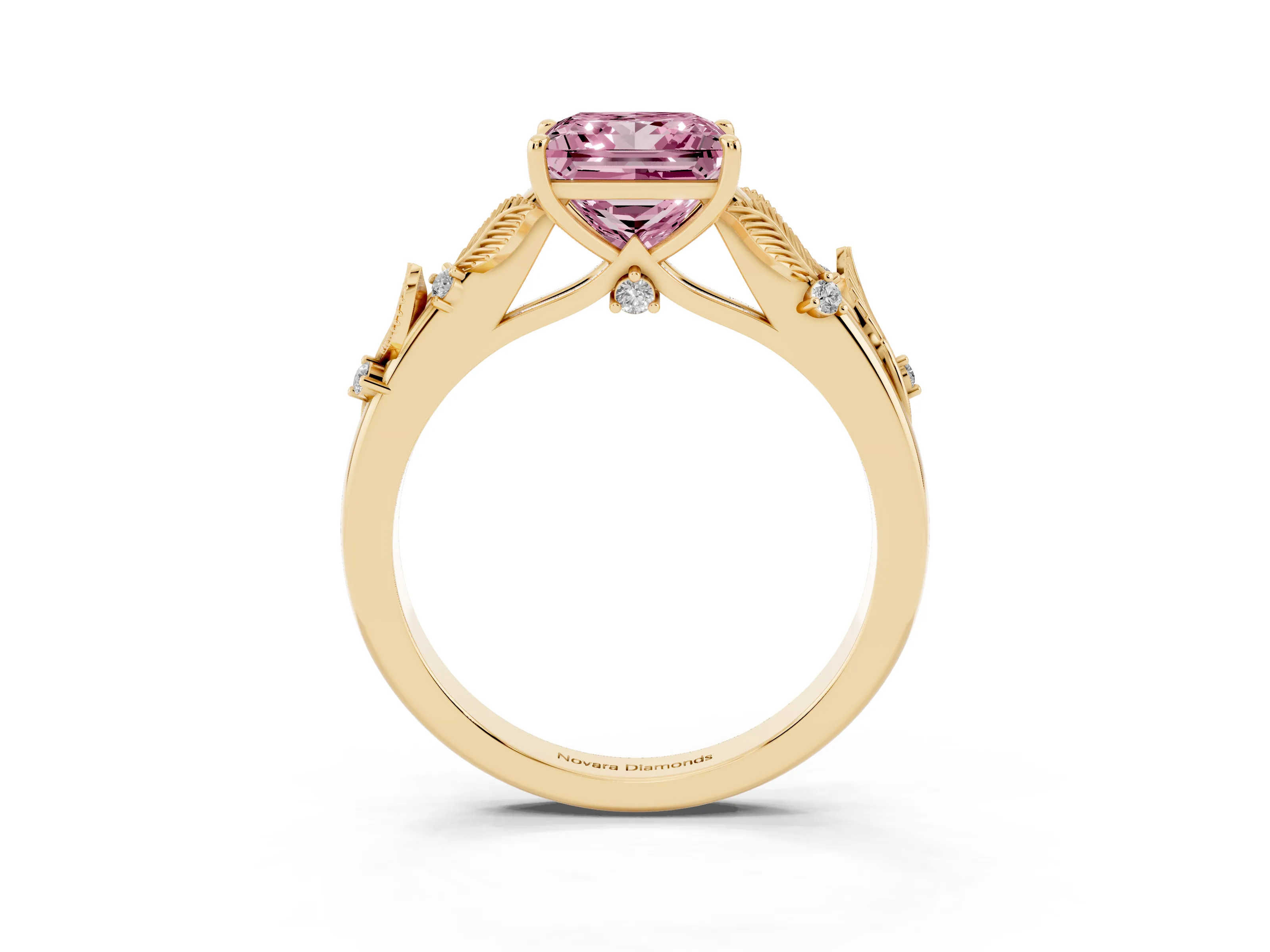 Fancy Pink Princess Cut Diamond Solitaire Ring Set in Yellow gold with Leaf Motif Band
