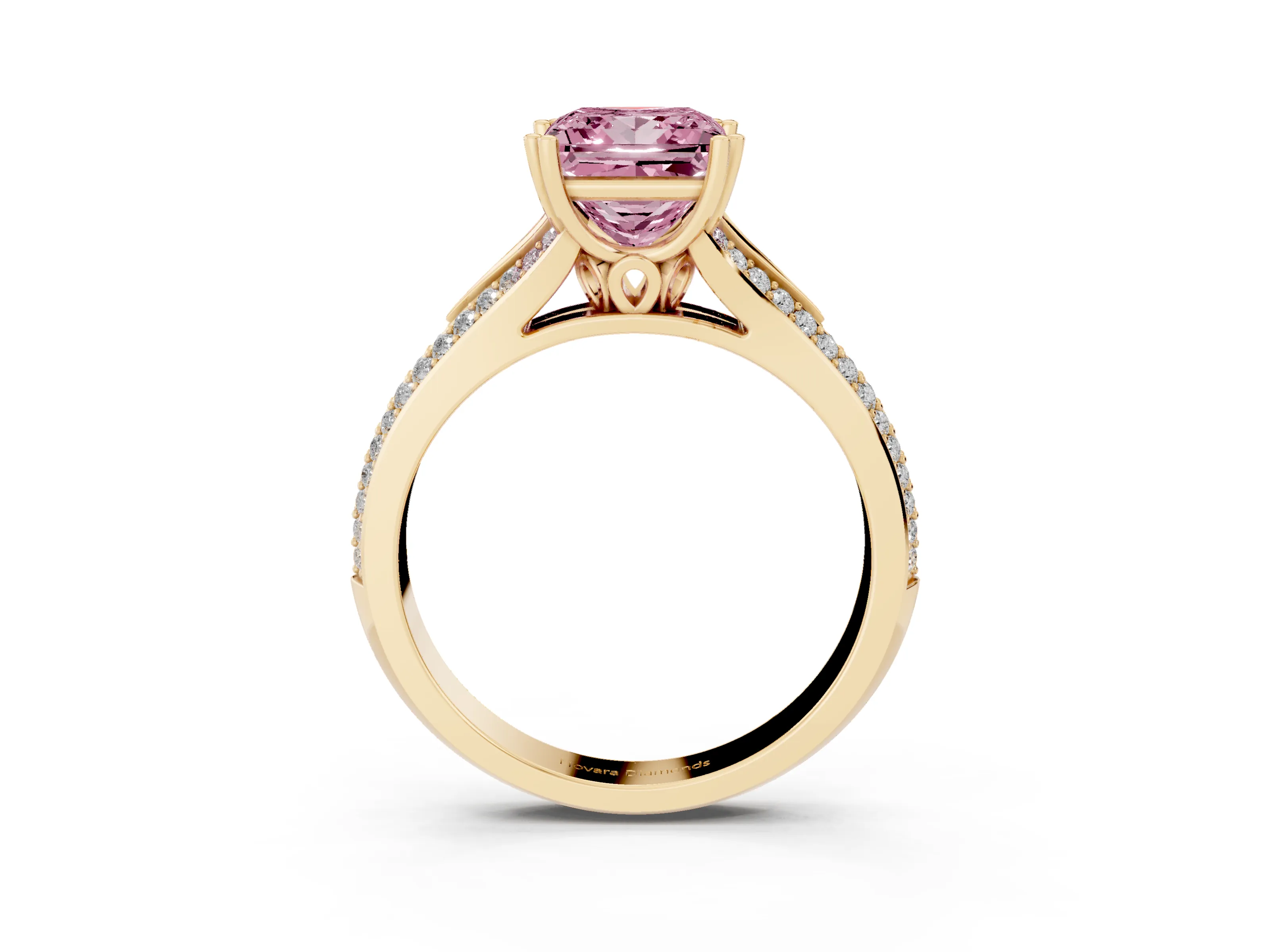 Fancy Pink Princess Cut Diamond Split Shank Pavé Engagement Ring Set in Yellow gold with Prong-Set Center Stone