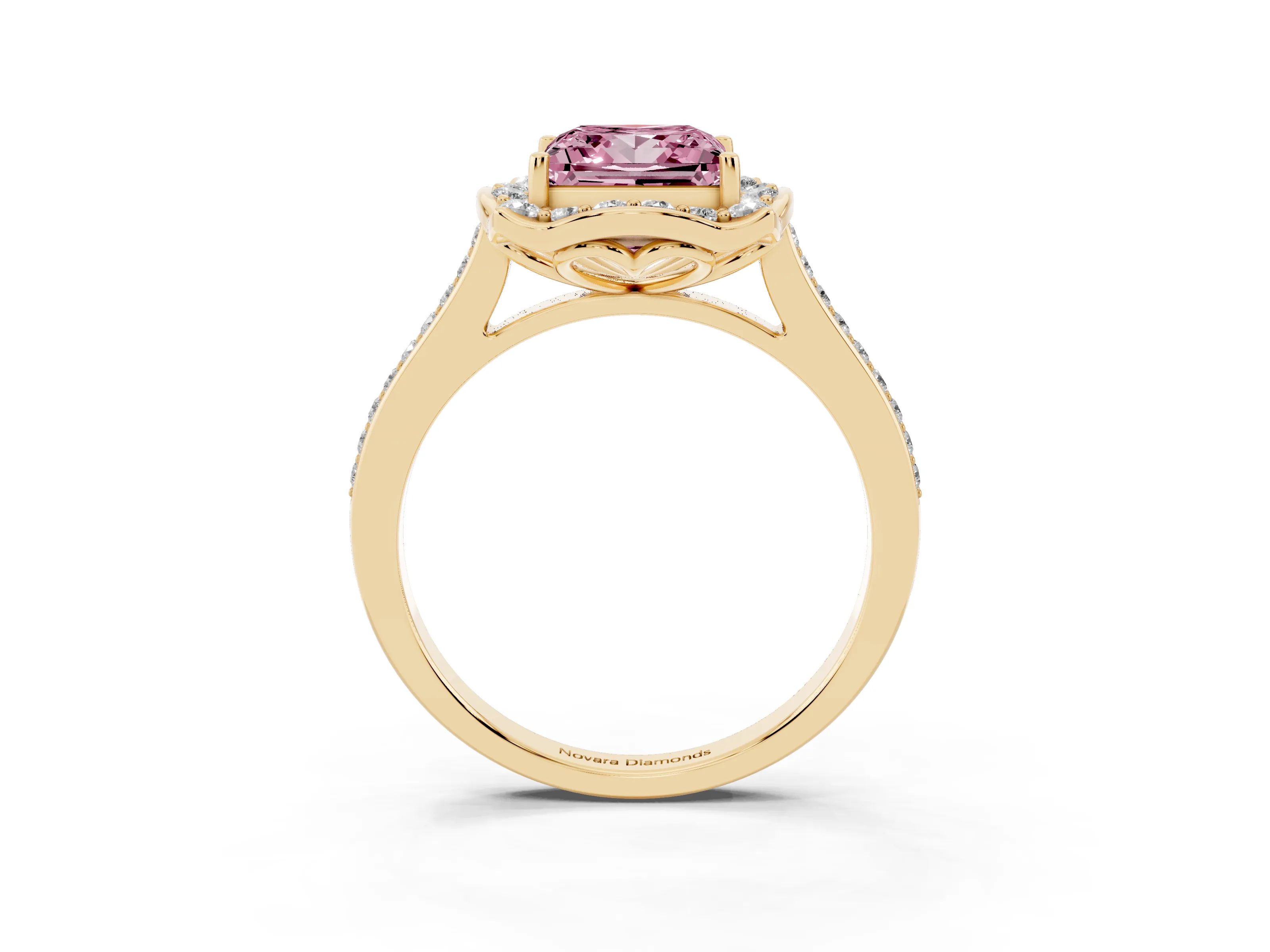 Fancy Pink Princess Cut Diamond Halo Ring Set in Yellow gold with Pavé-Lined Shoulders and Prong Setting