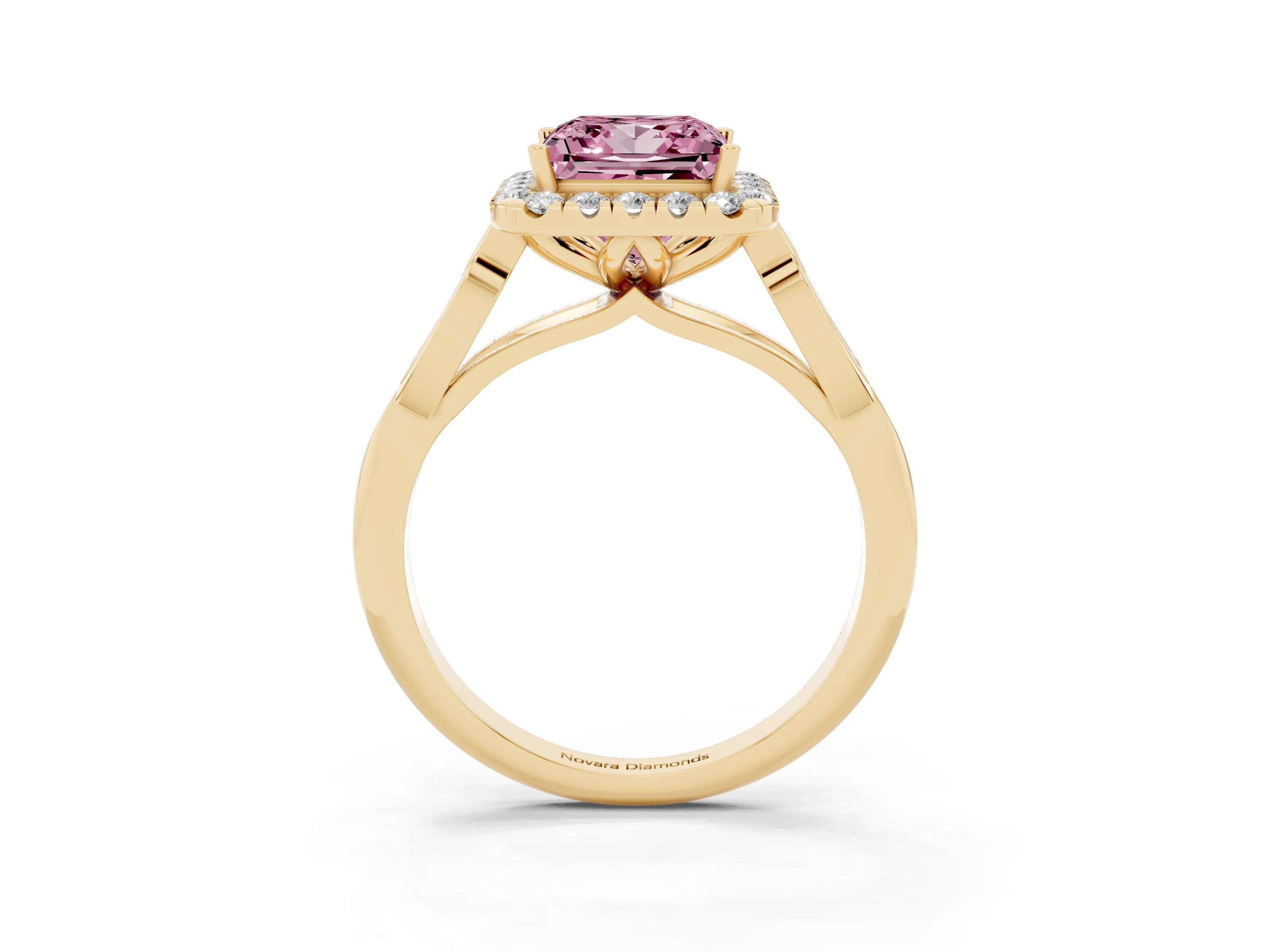 Fancy Pink Princess Cut Diamond Halo Engagement Ring Set in Yellow gold with Filigree Band and Prong-Set Center