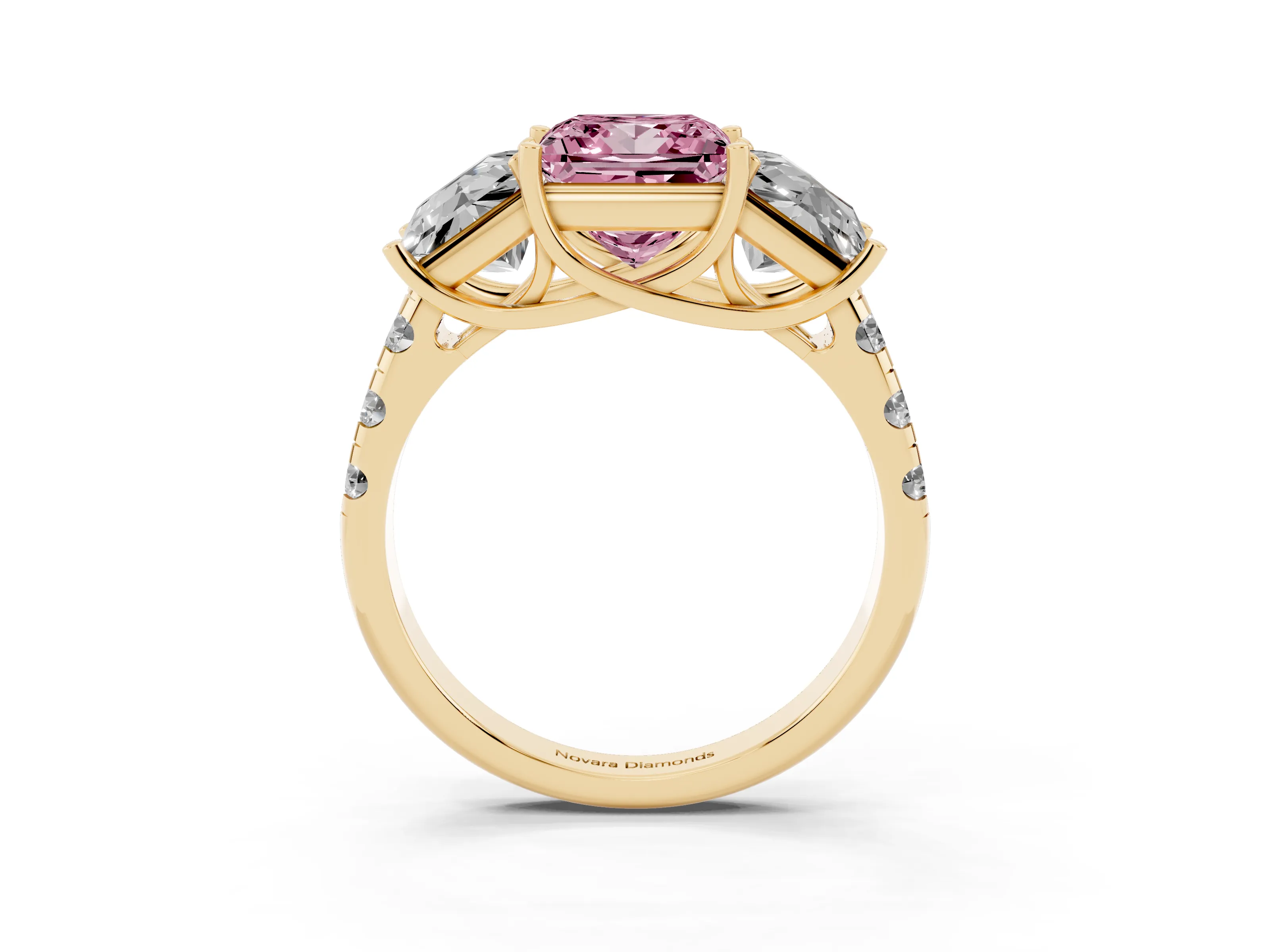 Fancy Pink Princess Cut Diamond Three-Stone Ring Set in Yellow gold with Pavé Band