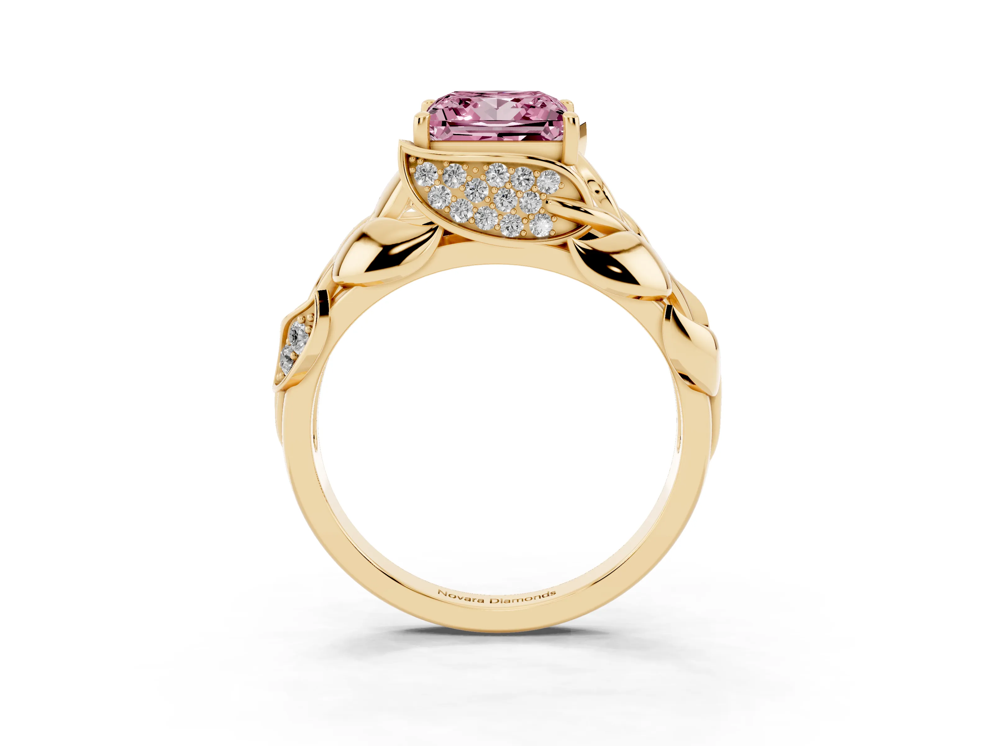 Fancy Pink Princess Cut Diamond Leaf-Inspired Engagement Ring Set in Yellow gold with Round Accents