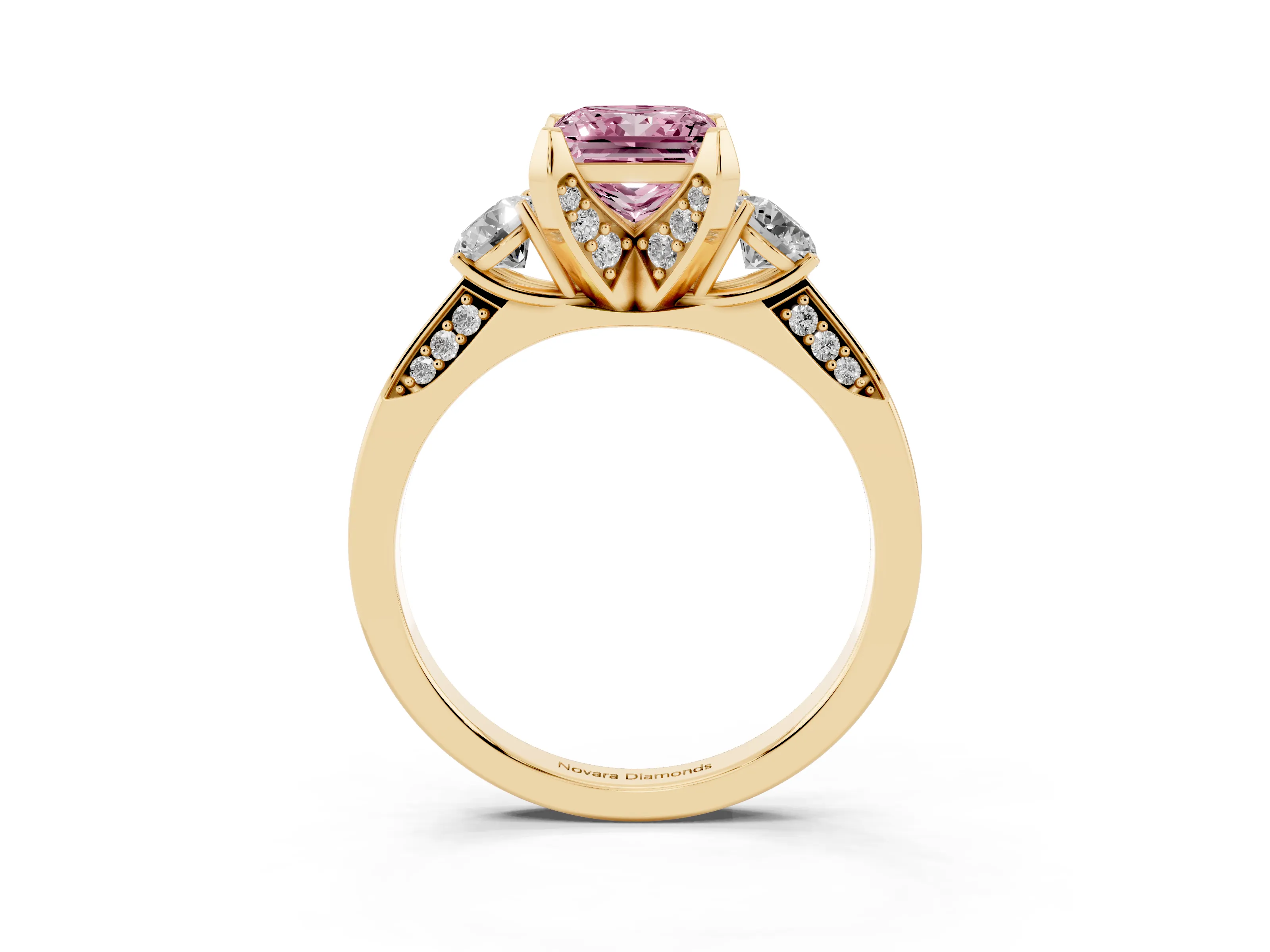Fancy Pink Princess Cut Diamond Three-Stone Ring Set in Yellow gold with Pavé Band and Smaller Side Stones