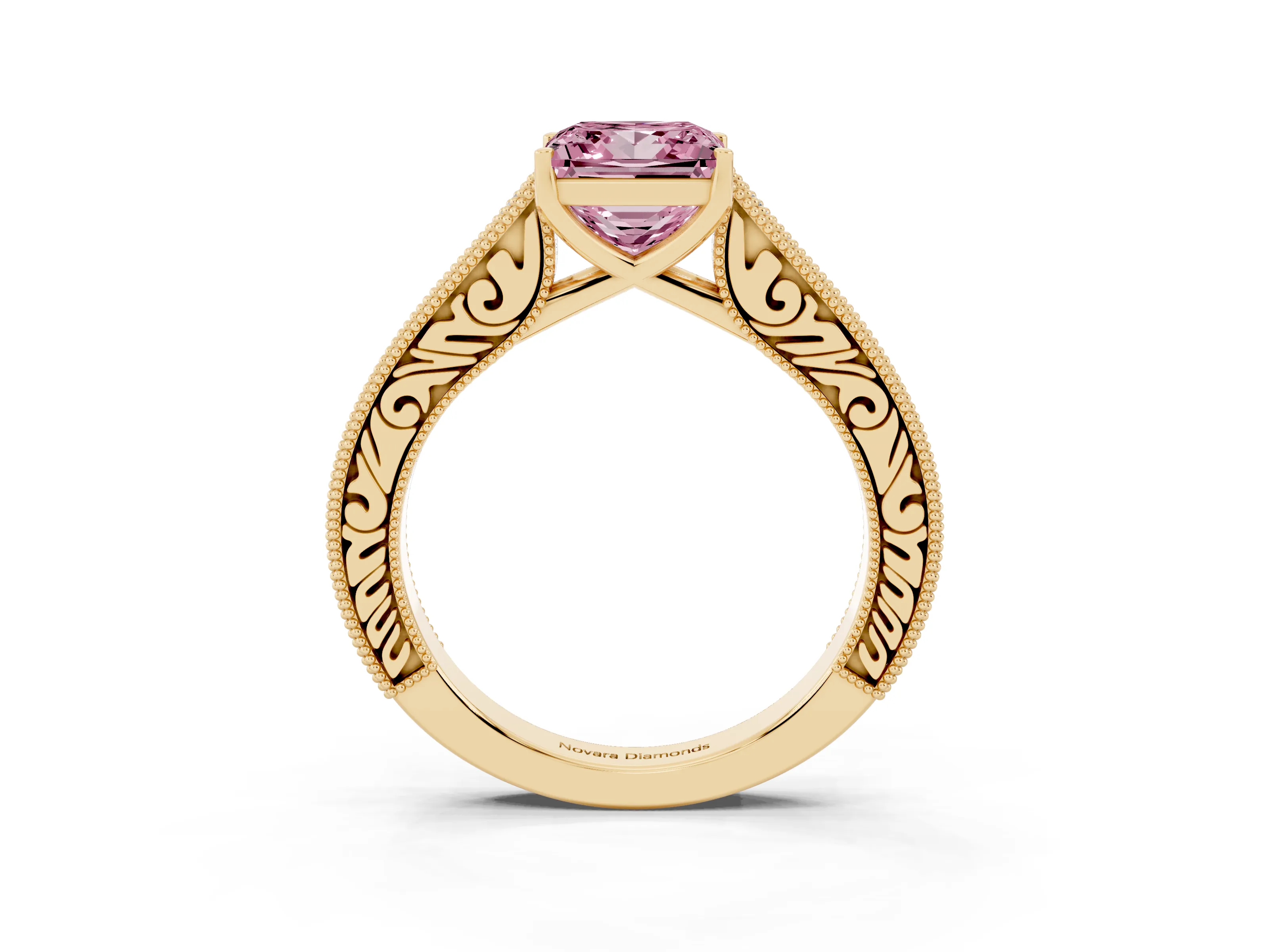 Fancy Pink Princess Cut Diamond Milgrain Pavé Band Solitaire Ring Set in Yellow gold with Prong Setting