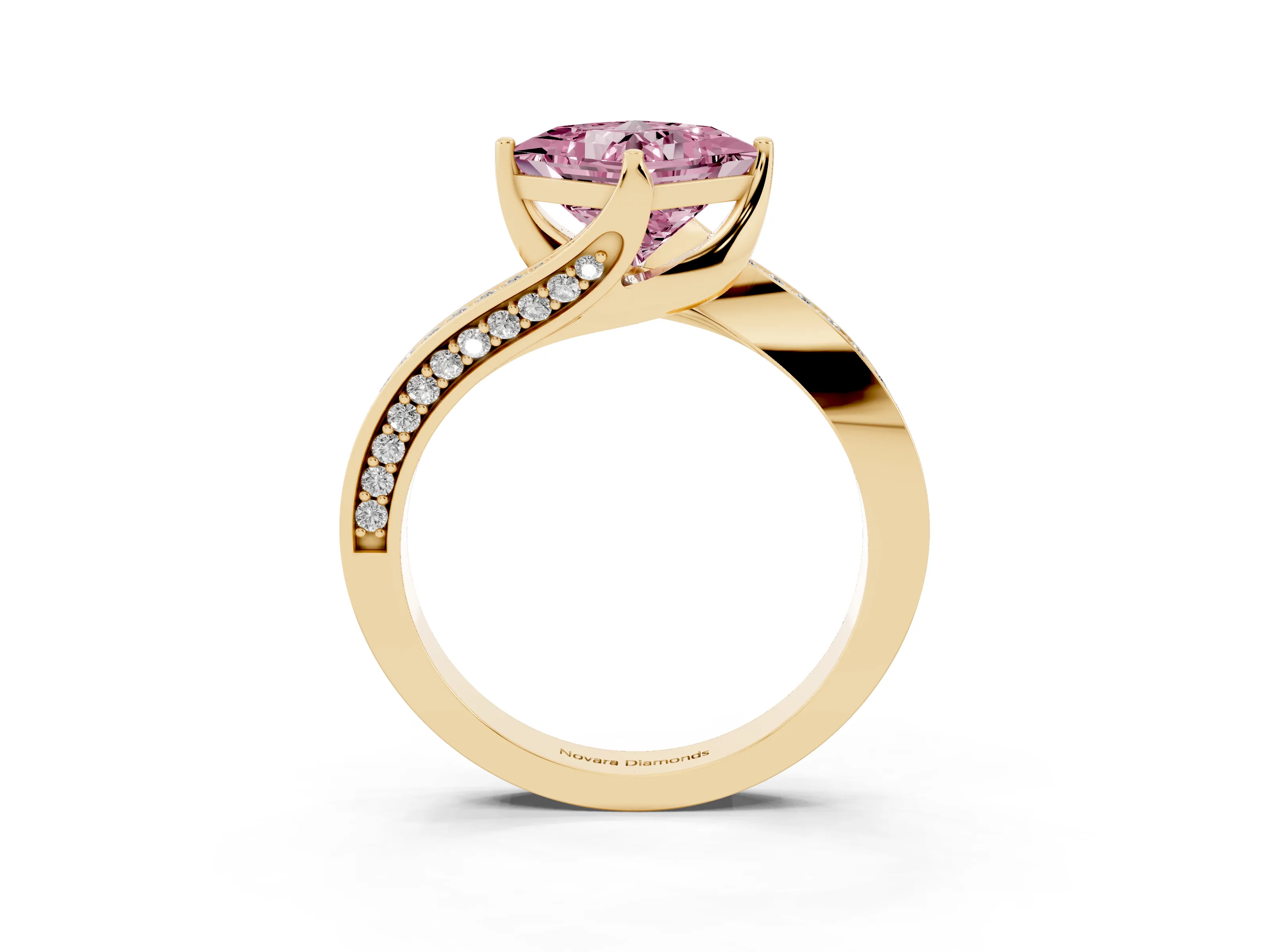 Fancy Pink Princess Cut Diamond Solitaire Ring Set in Yellow gold with Intertwined Pavé Twist Band