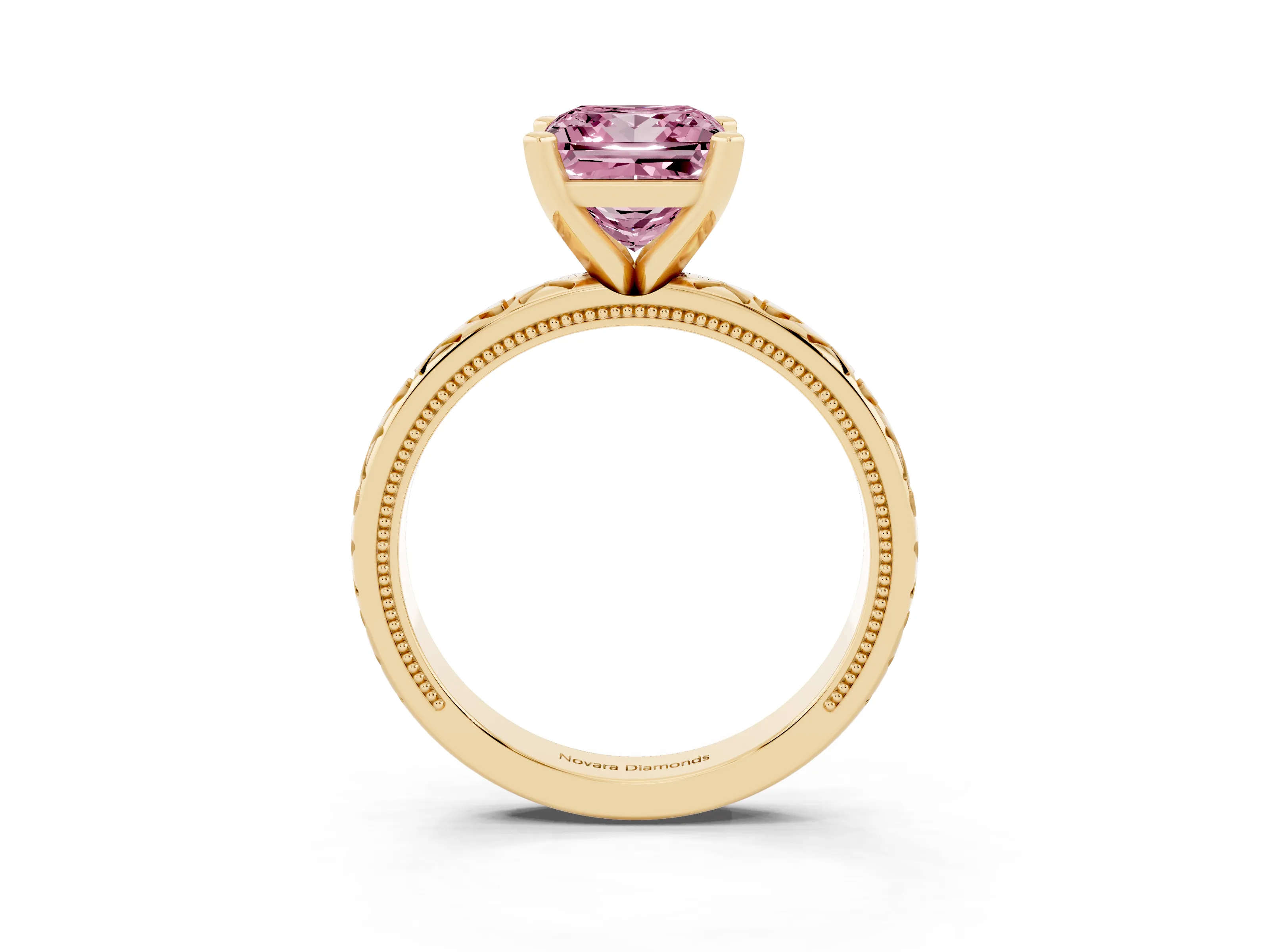 Fancy Pink Princess Cut Diamond Solitaire Engagement Ring Set in Yellow gold with XO Engraved Band and Prong Setting