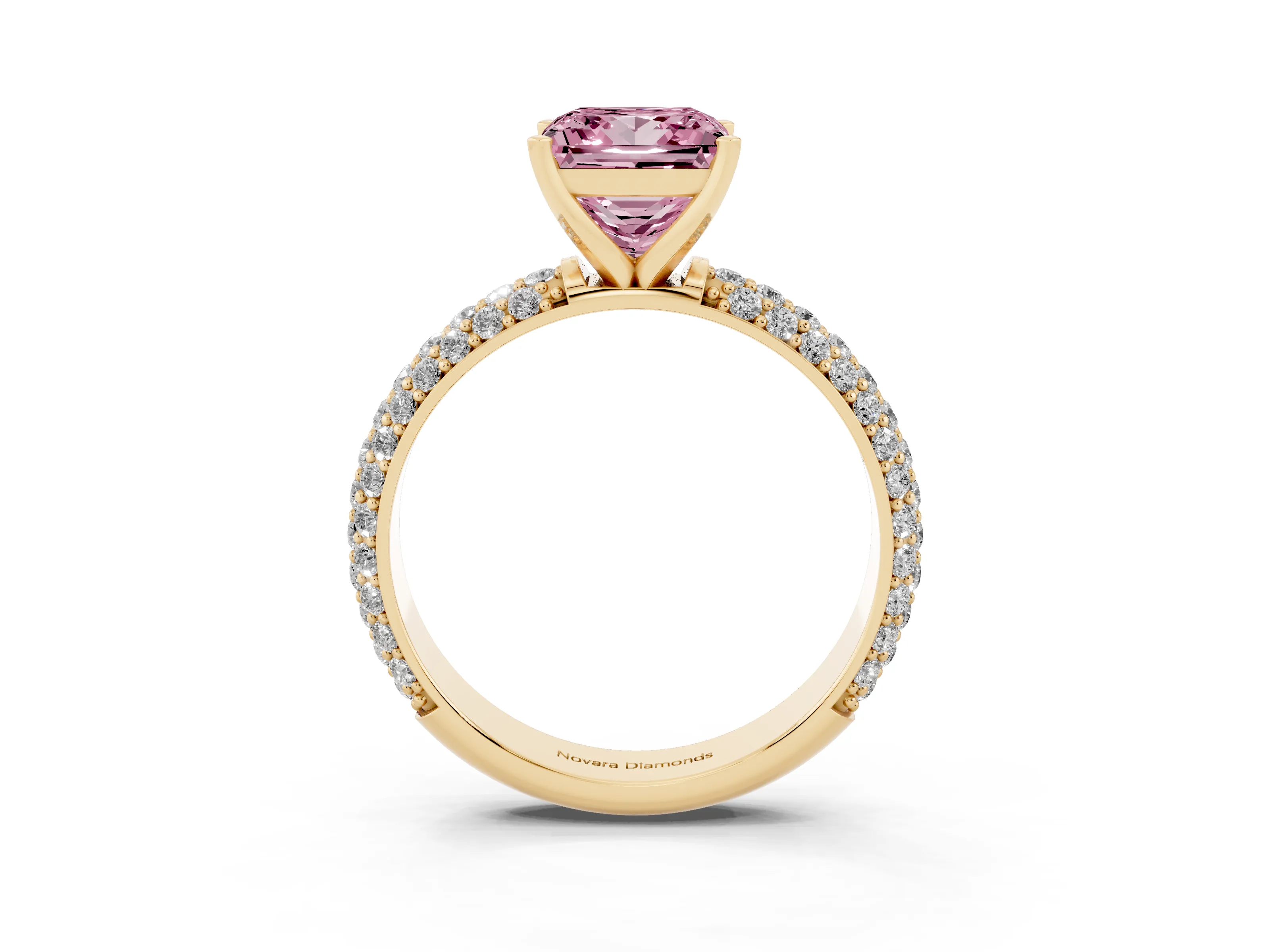Fancy Pink Princess Cut Diamond Solitaire Ring Set in Yellow gold with Prong Setting and Pavé-Set Band
