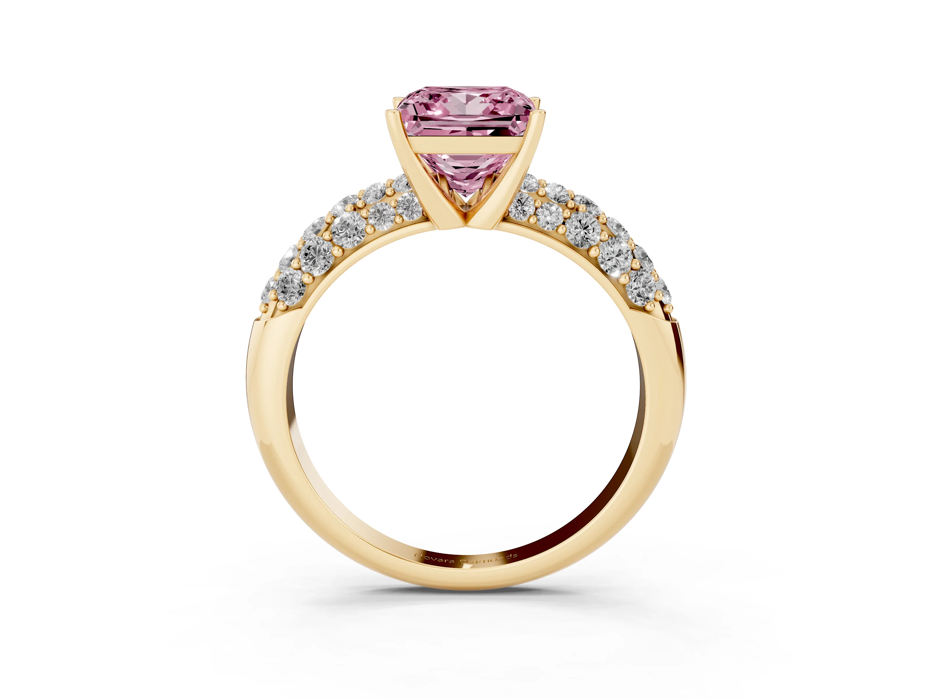 Fancy Pink Princess Cut Diamond Pavé Band Solitaire Ring Set in Yellow gold with Close-Set Accent Stones and Prong Setting