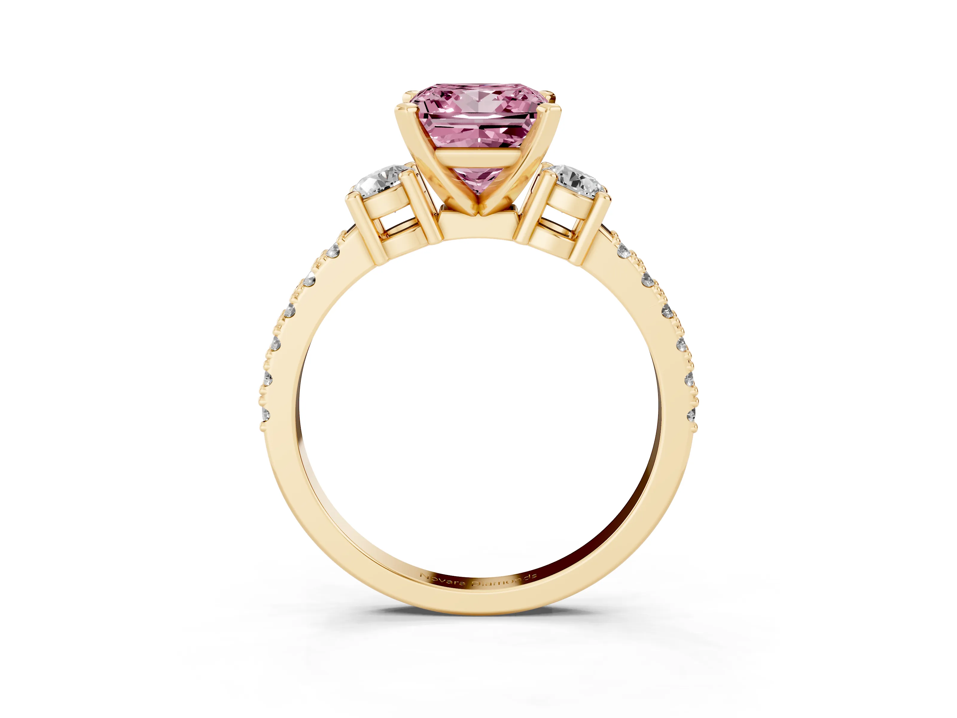 Fancy Pink Three-Stone Princess Cut Diamond Pavé Band Ring Set in Yellow gold with Prong Setting