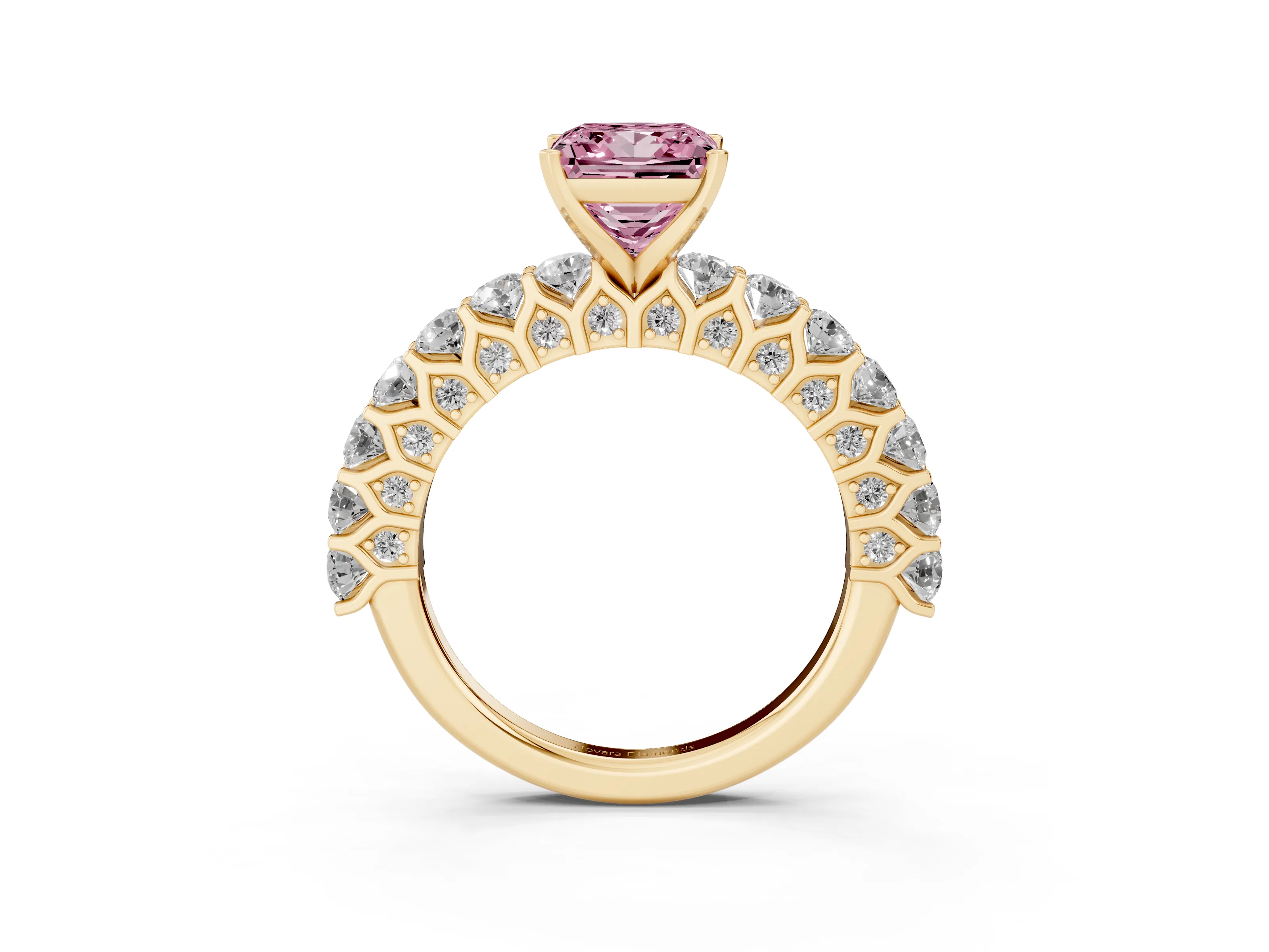 Fancy Pink Princess Cut Diamond Solitaire Ring Set in Yellow gold with Shared Prong Pavé Band