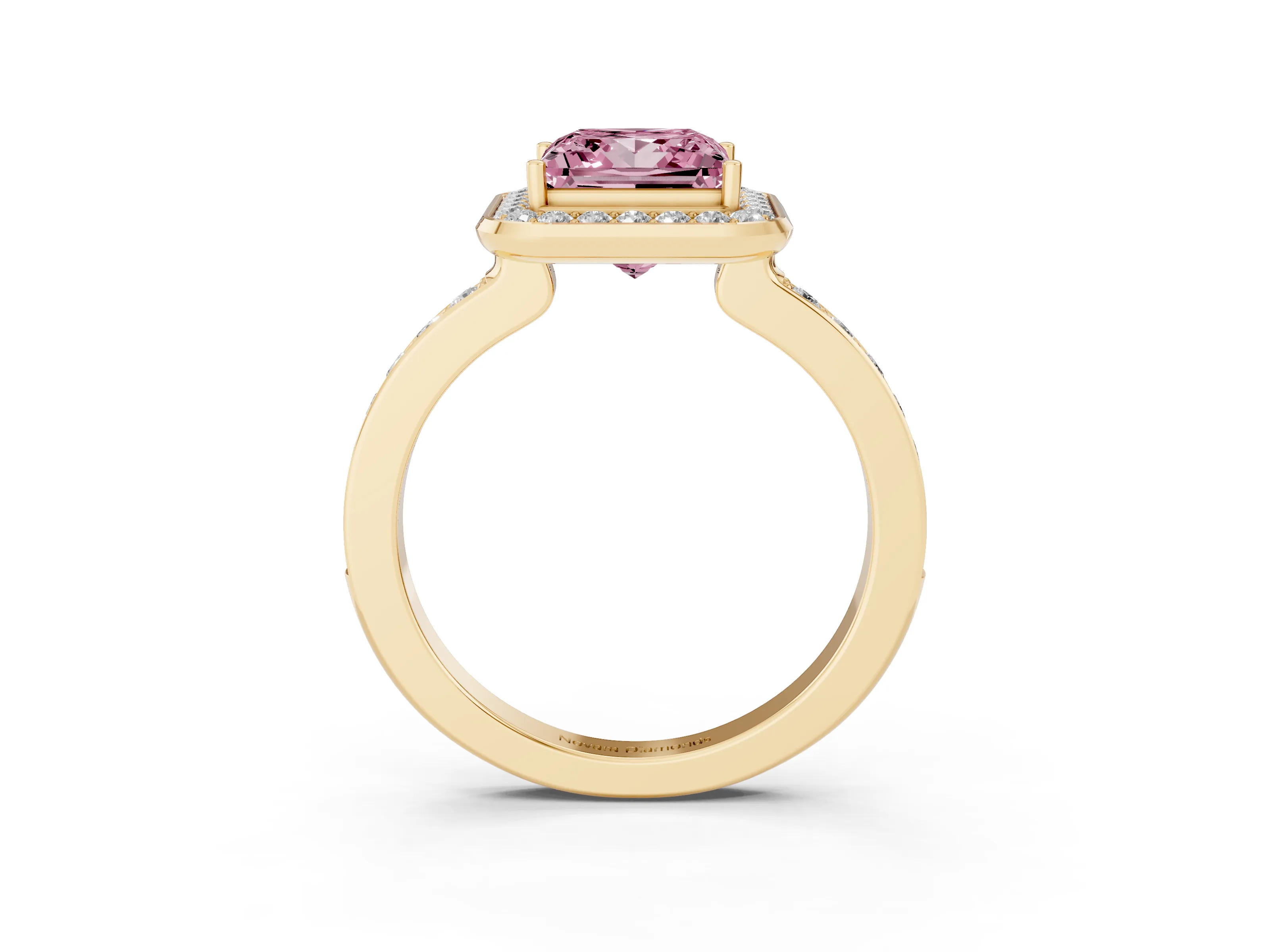 Fancy Pink Princess Cut Diamond Halo Ring Set in Yellow gold with Bezel Frame and Pavé Band