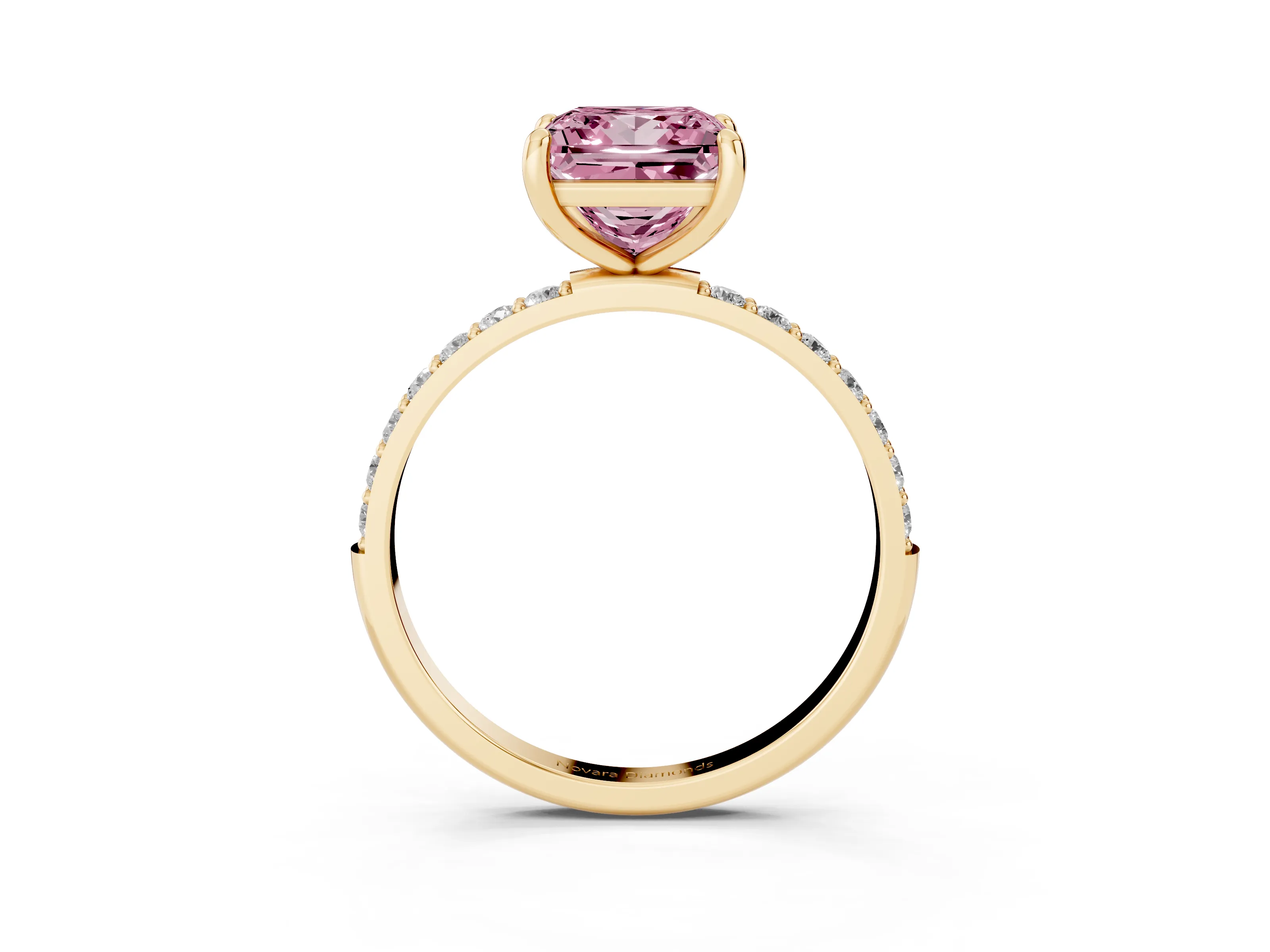 Fancy Pink Princess Cut Diamond Solitaire Ring Set in Yellow gold with Round Pavé Band and Prong Setting