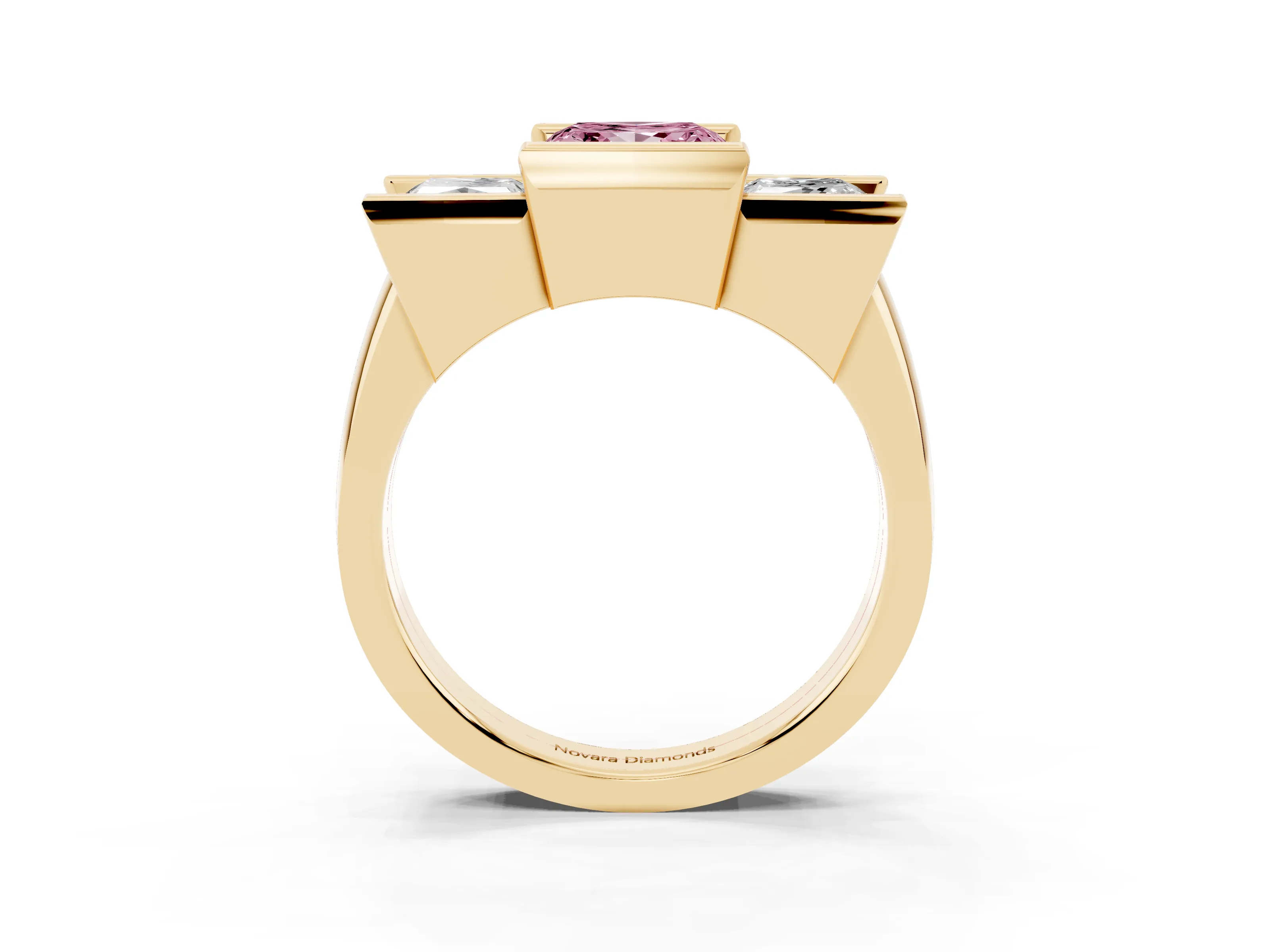 Fancy Pink Princess Cut Diamond Three-Stone Channel Set Ring Set in Yellow gold with Smooth Polished Band